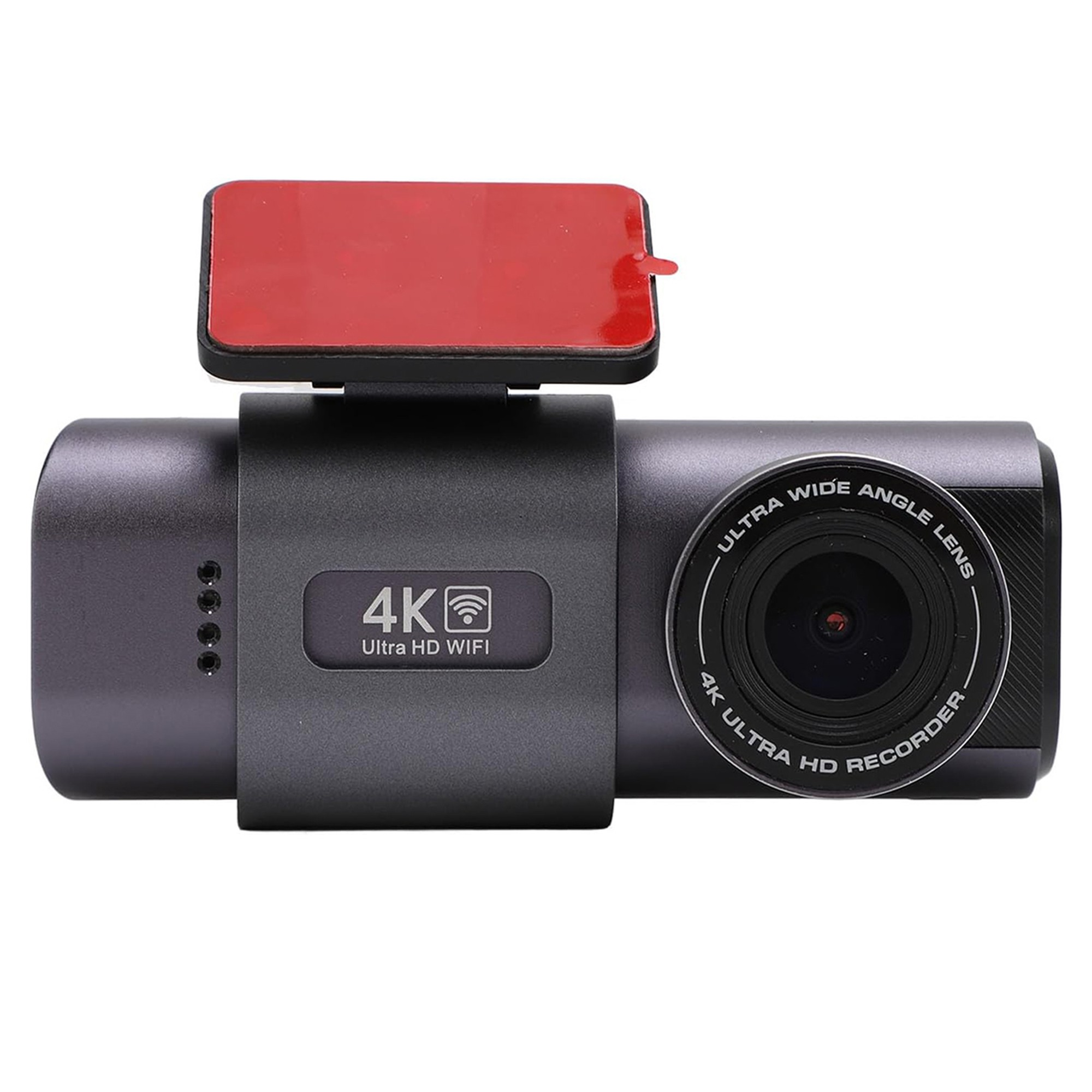 Kırmızı yapışkan pedli gri 4K Ultra HD WiFi araç kamerası ve geniş açılı lens.