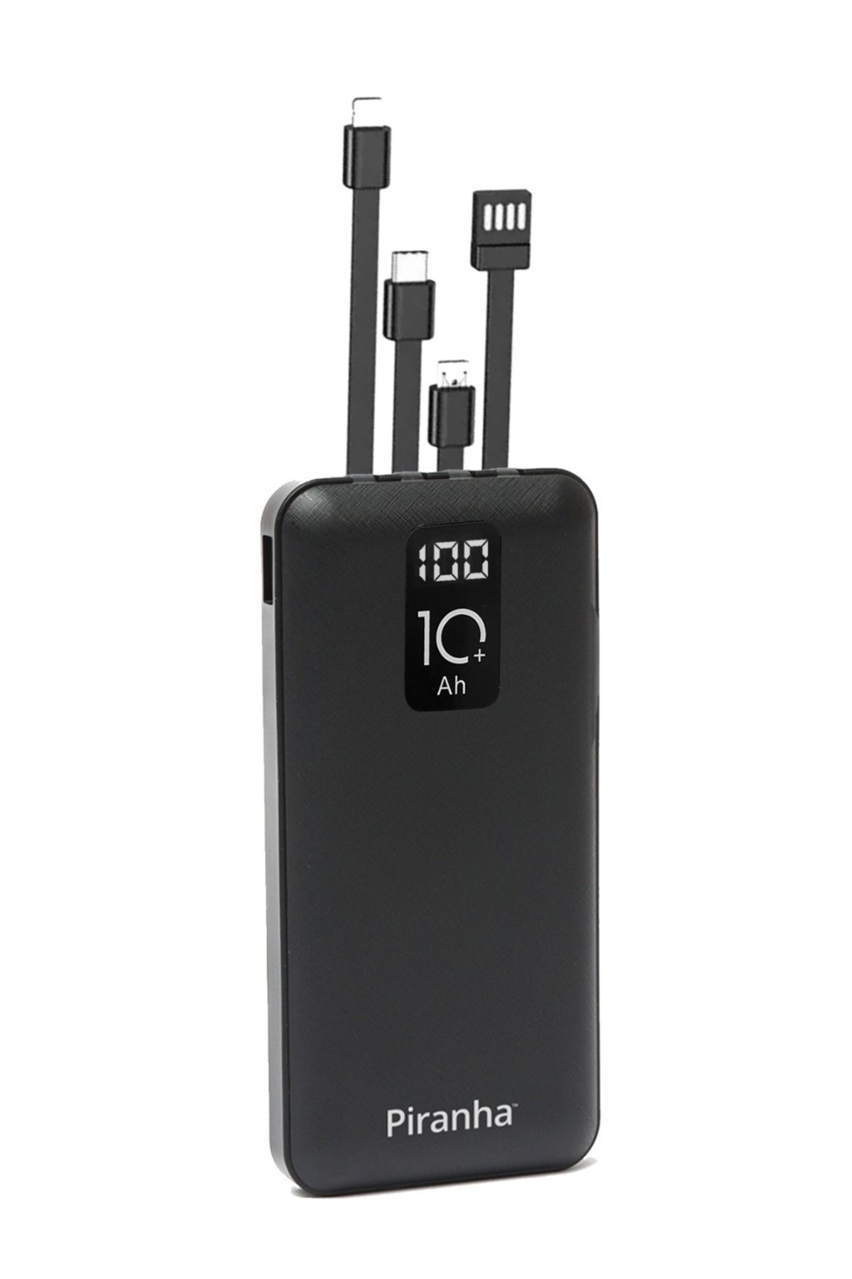 Entegre şarj kabloları ve dijital ekranlı siyah Piranha powerbank.