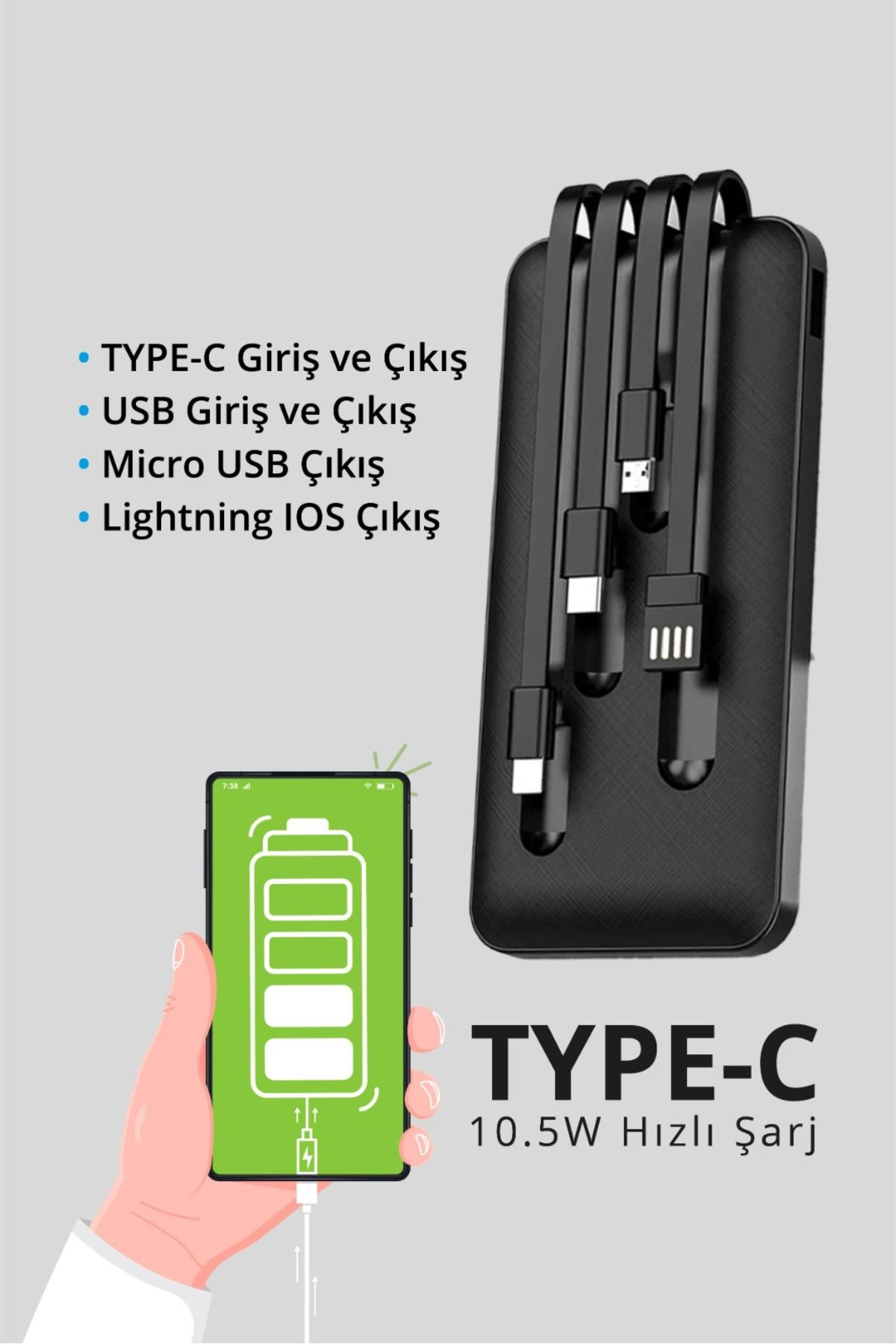 Type-C, USB, Micro-USB ve Lightning konnektörlü siyah şarj kablosu.