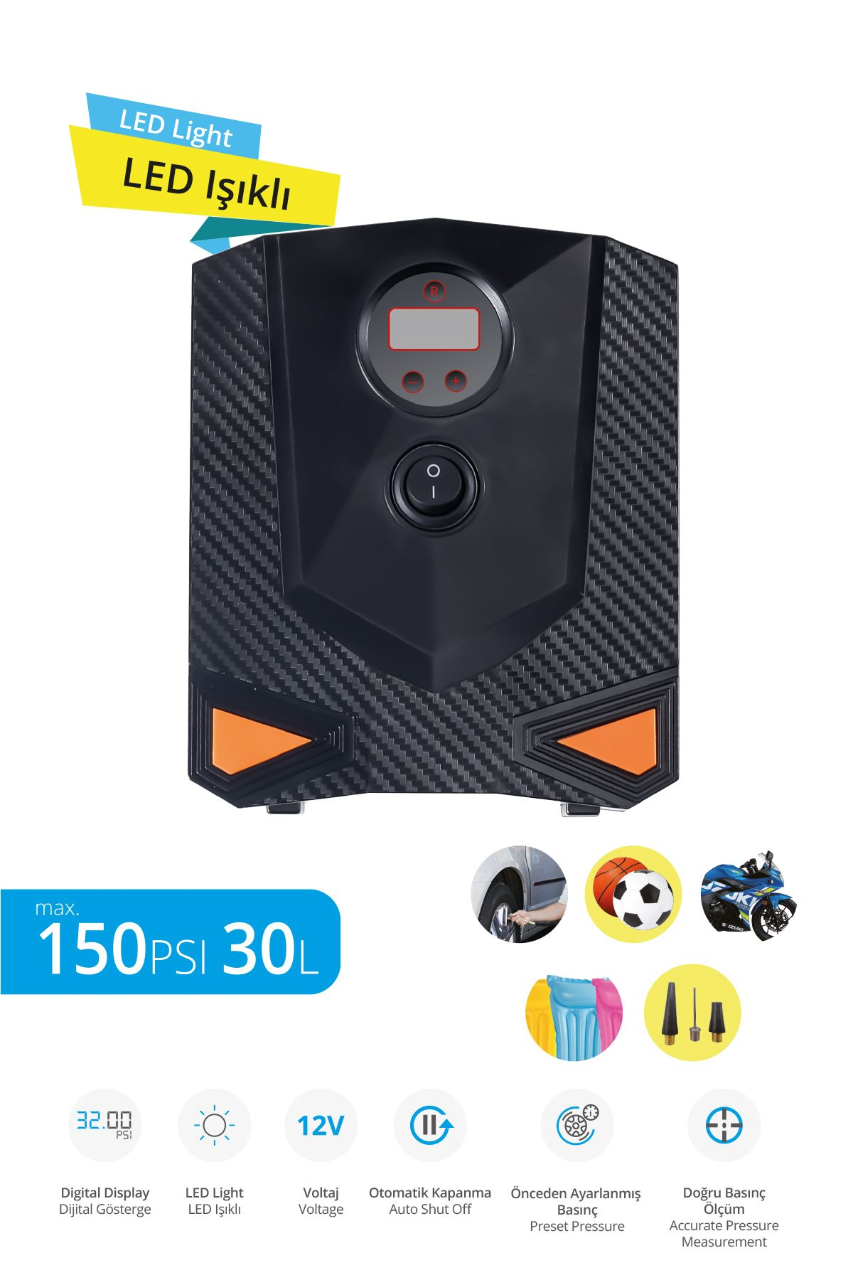 PIRANHA 11316 LED Işıklı Dijital Hava Kompresörü | Maksimum 150PSI 30L | Dijital Gösterge | Otomatik Kapanma Siyah
