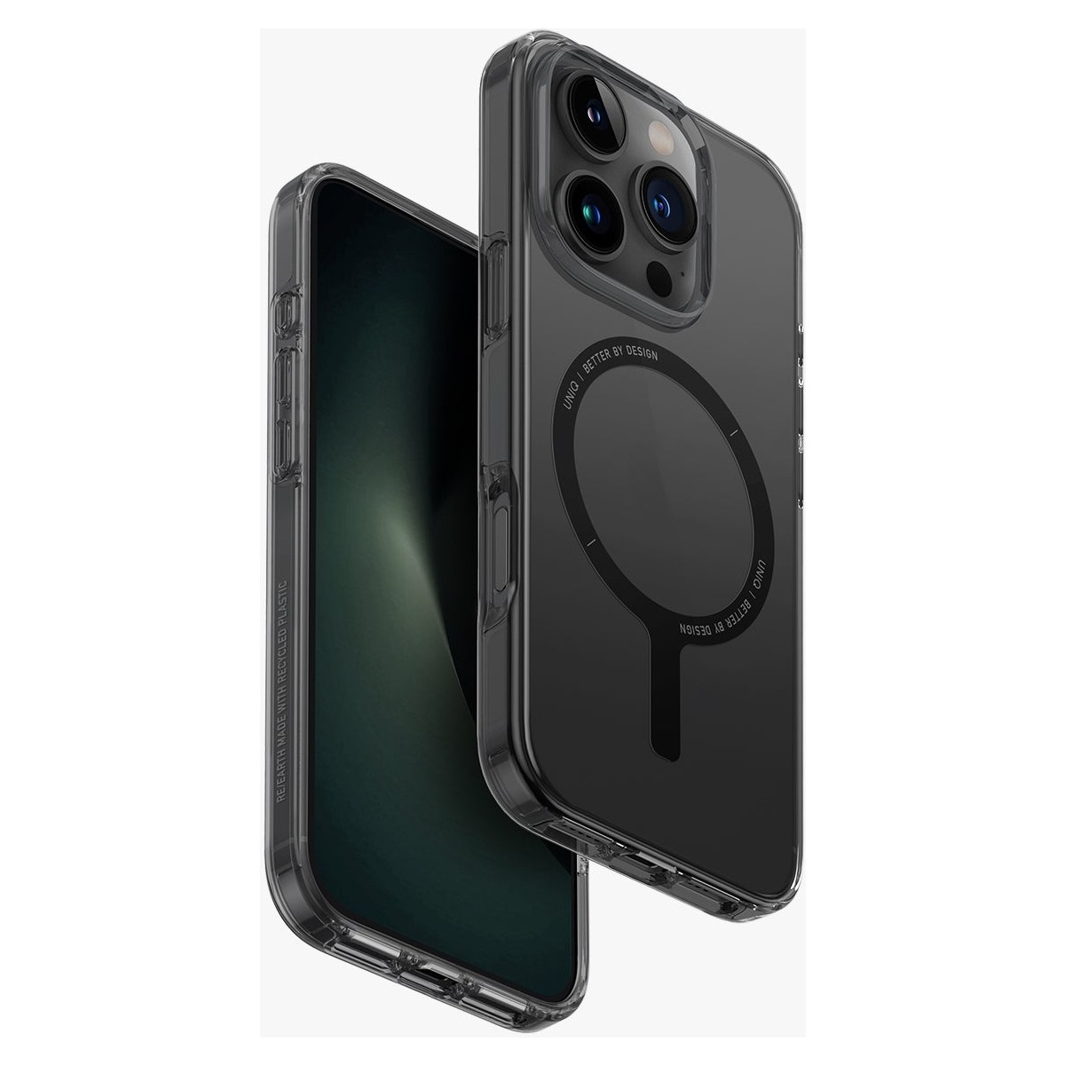 Mıknatıslı halkalı şeffaf telefon kılıfı. Solda bir telefon.