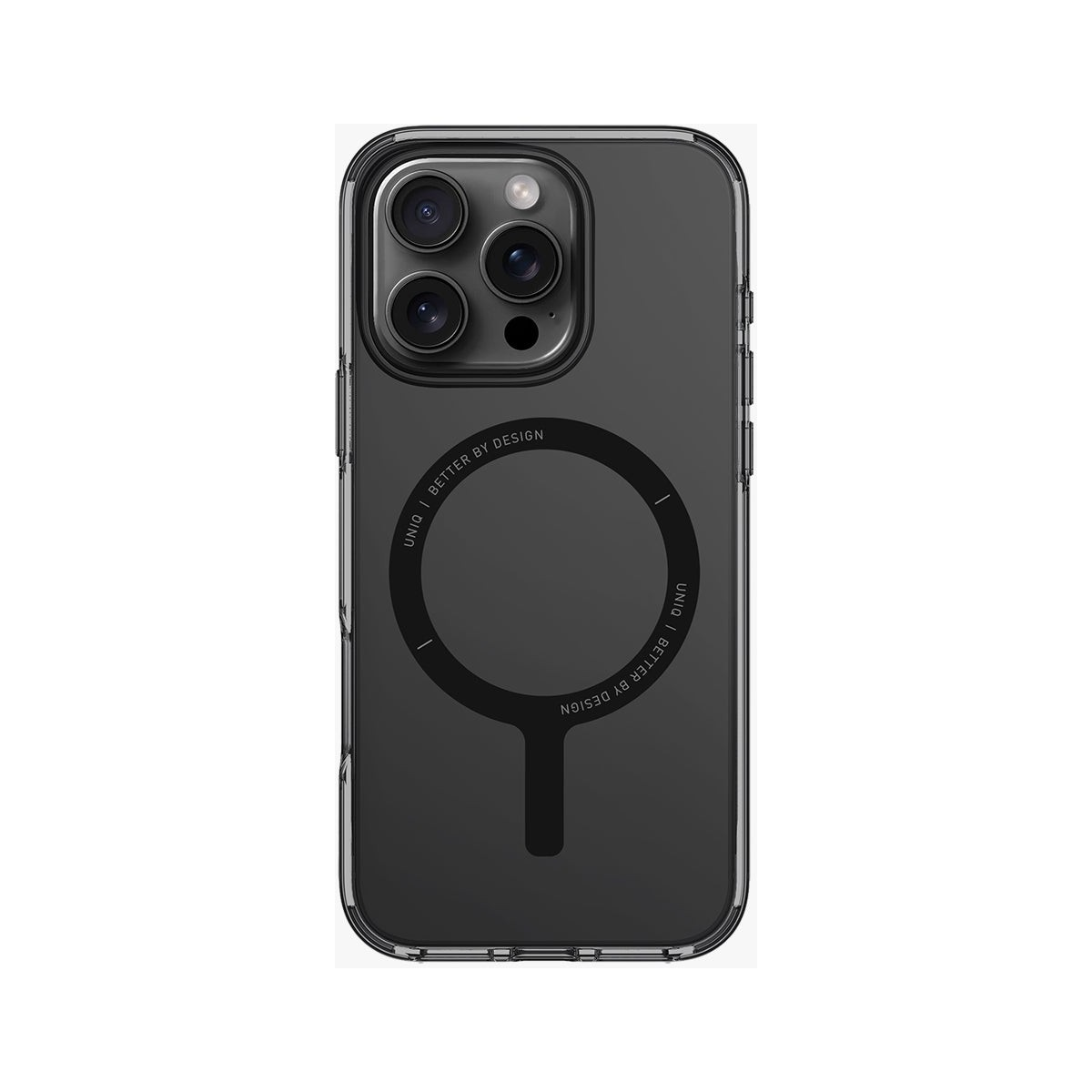 Üç kamera lensli ve dairesel tasarımlı koyu renk telefon kılıfı.