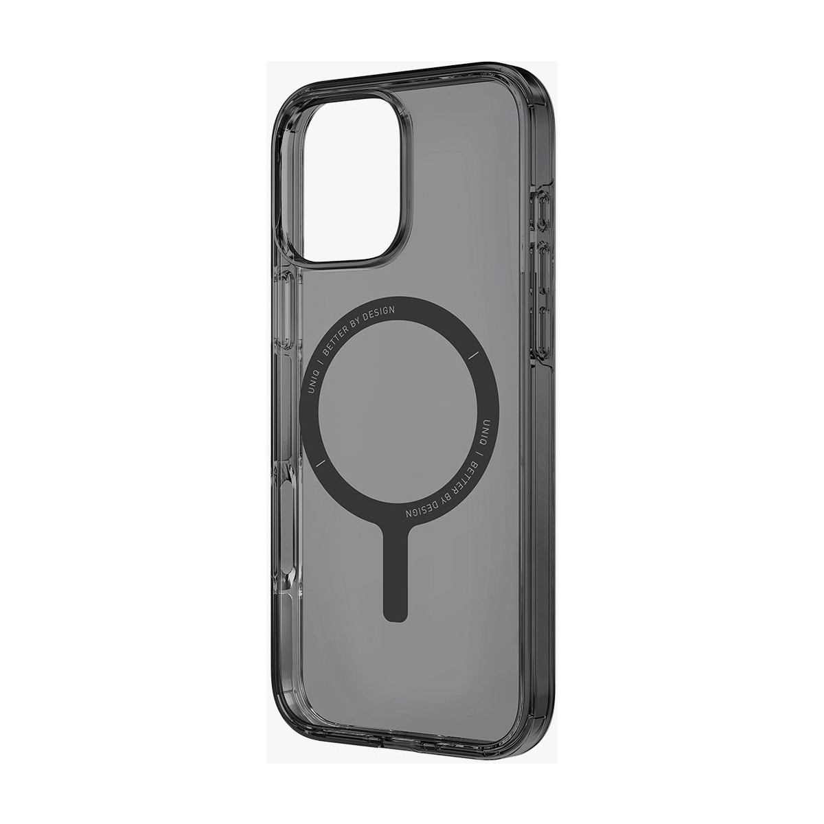 Mıknatıslı halkalı ve 'UNIQ | BETTER BY DESIGN' yazılı şeffaf telefon kılıfı.