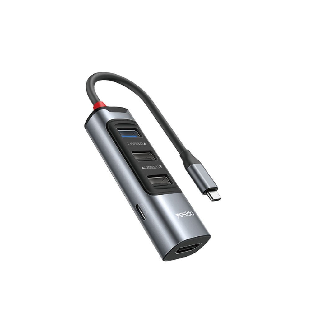 HDMI, USB 3.0 ve USB 2.0 bağlantı noktalarına sahip gri USB-C hub.
