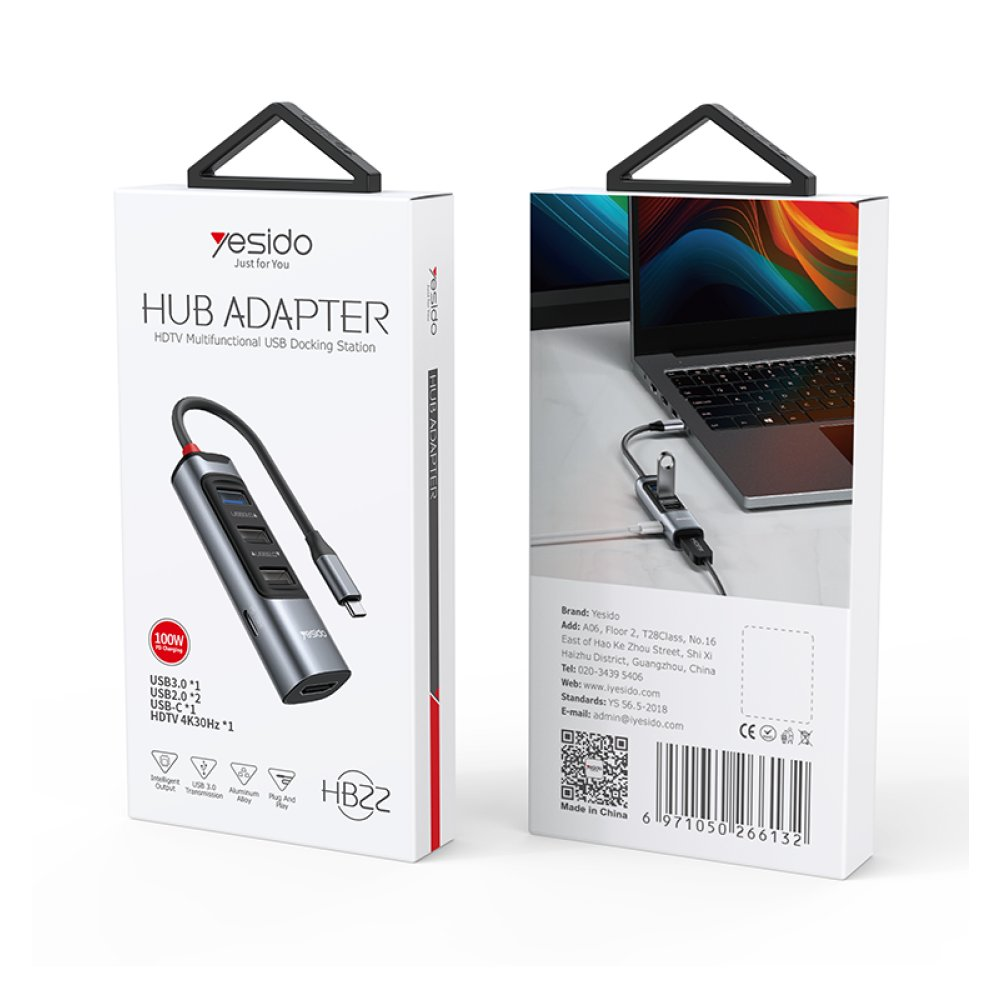Gri USB hub adaptörü ve dizüstü bilgisayar gösteren ambalaj.