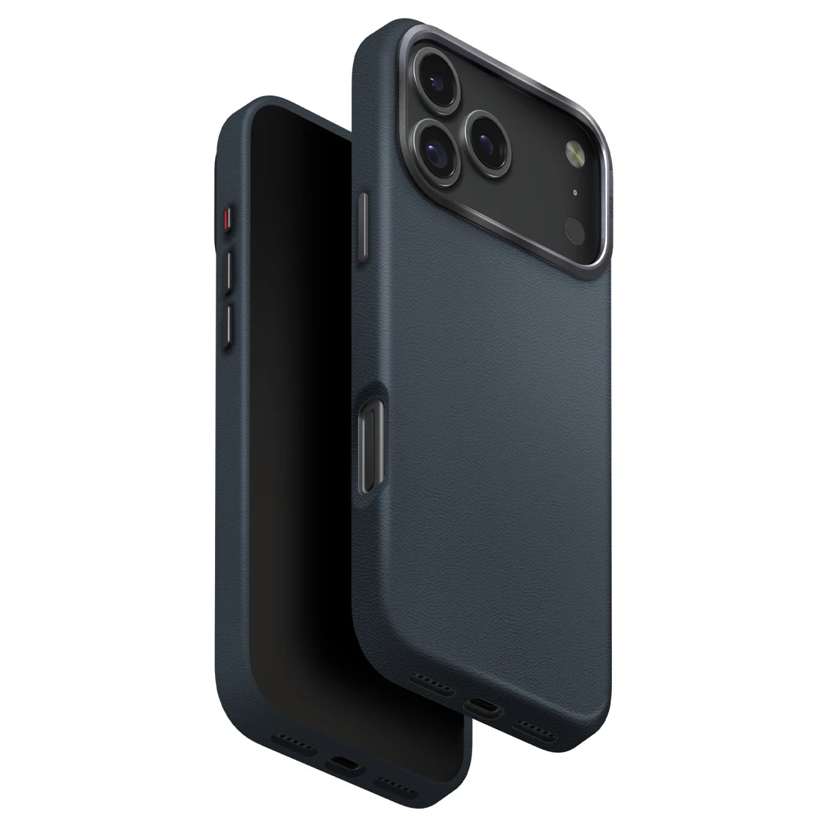 Kamera sistemi ve düğmeleri gösteren iki lacivert telefon kılıfı.