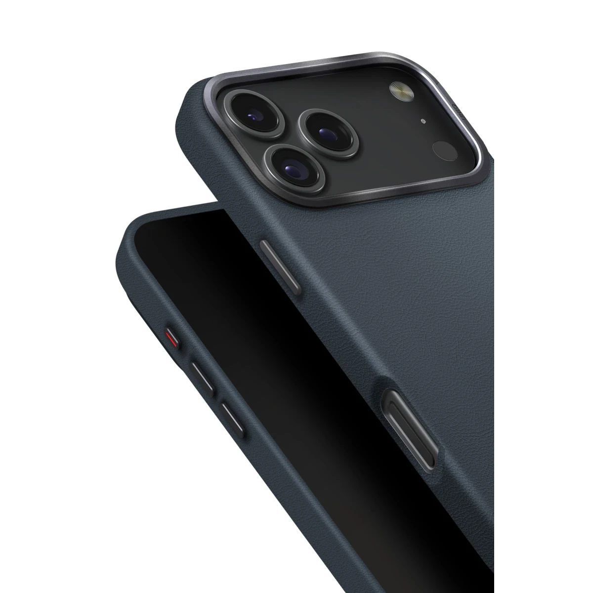 Metal çerçeveli, üç kamera lensli lacivert telefon kılıfı.