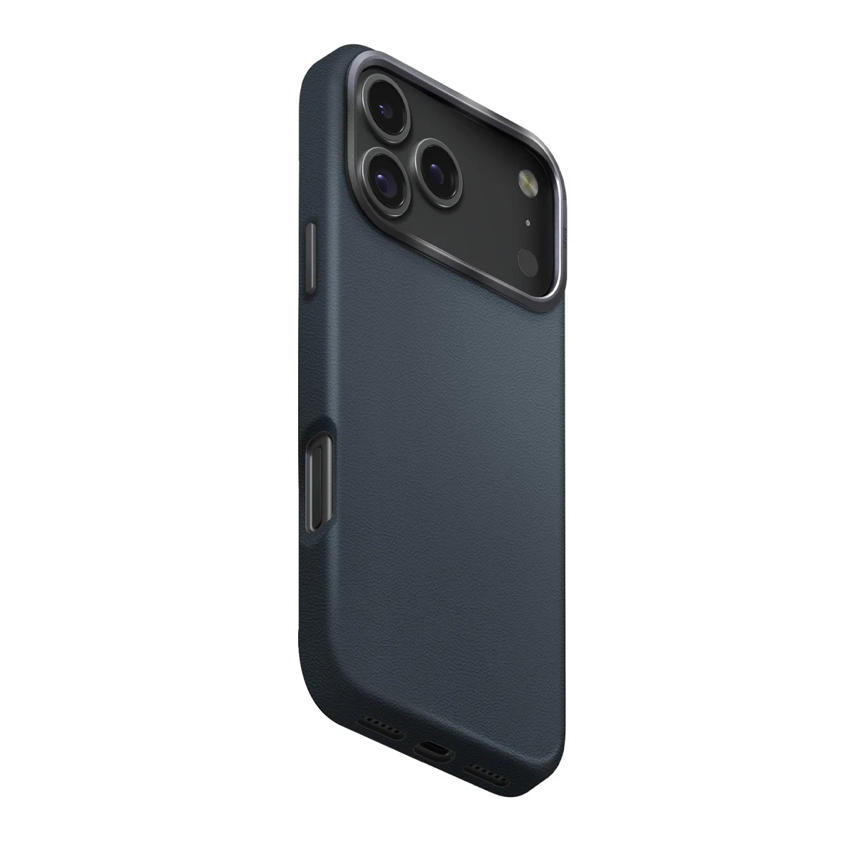 Üç kameralı, gümüş kenarlı lacivert telefon kılıfı.