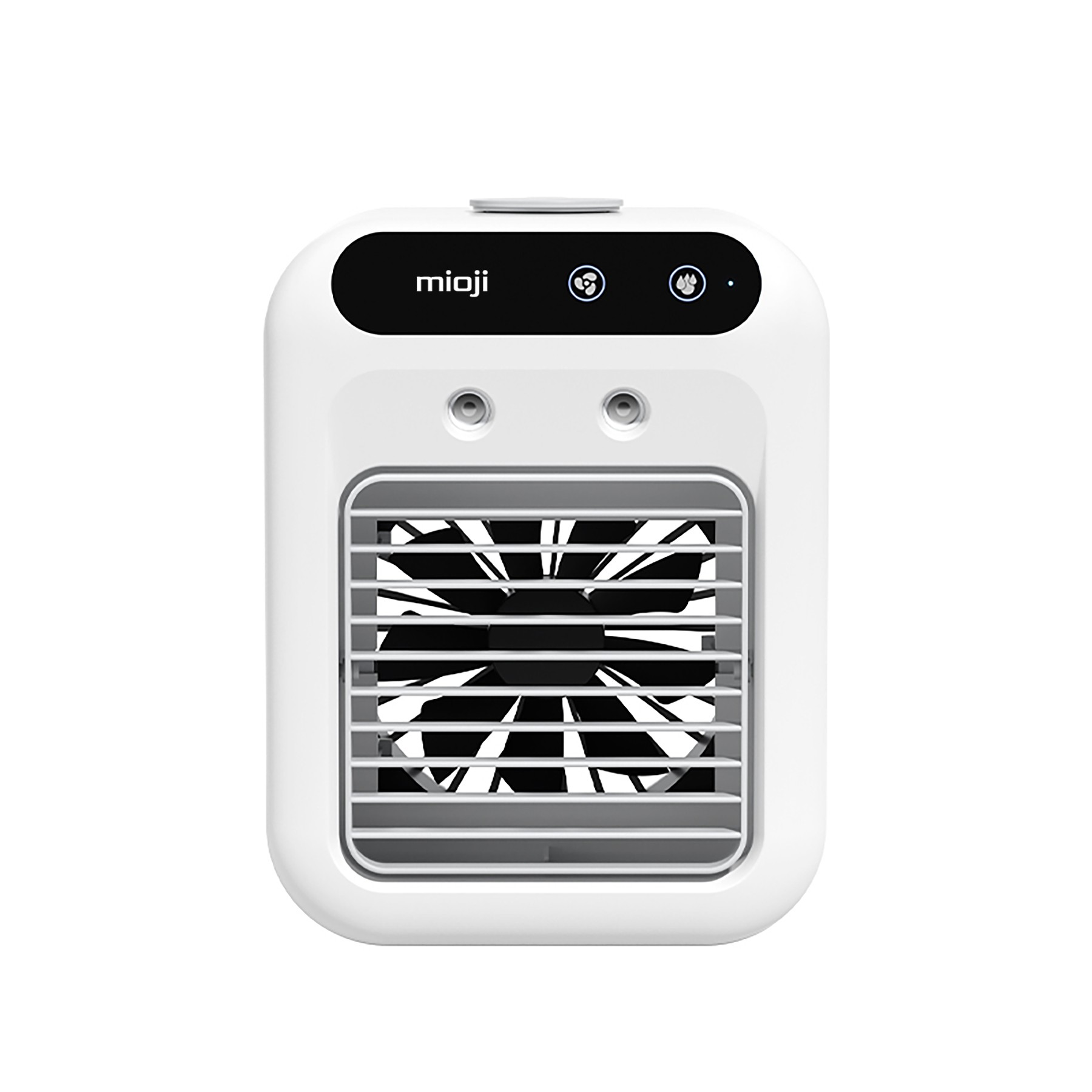 Fan kanatları ve kontrol düğmeleri olan beyaz taşınabilir mini fan.