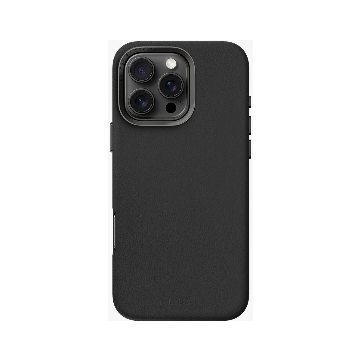 Üç kamera lensli ve UNIQ logolu siyah telefon kılıfı.