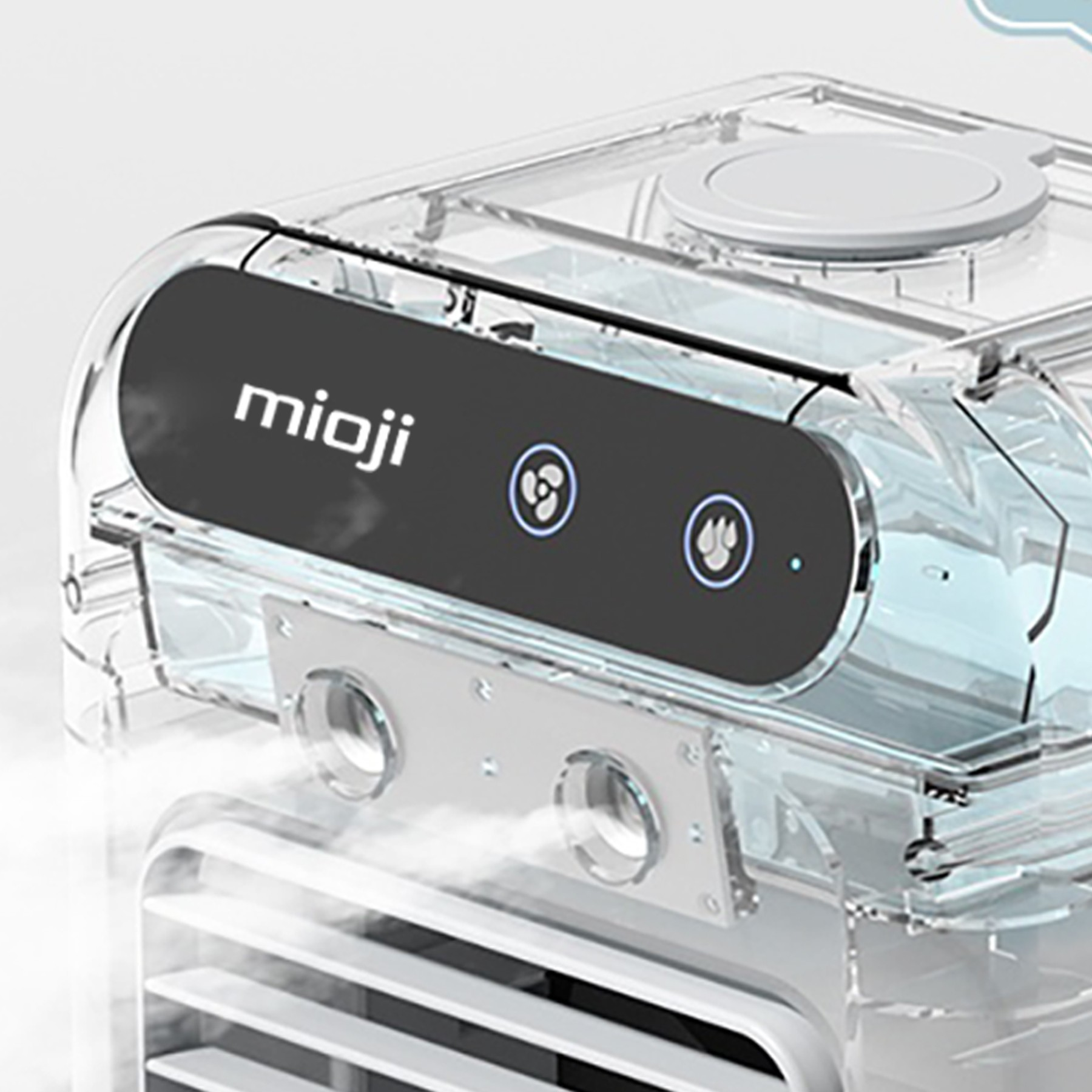 Şeffaf bir hava soğutucu, "mioji" logosu ve kontrol simgeleri bulunur.