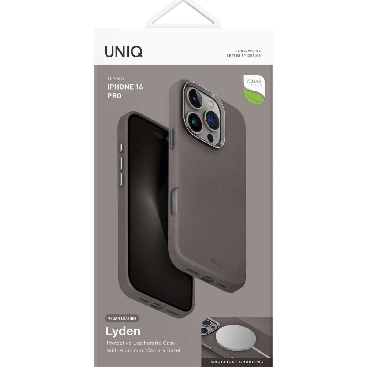 Alüminyum kamera çerçeveli vegan deri iPhone 16 Pro kılıfı.