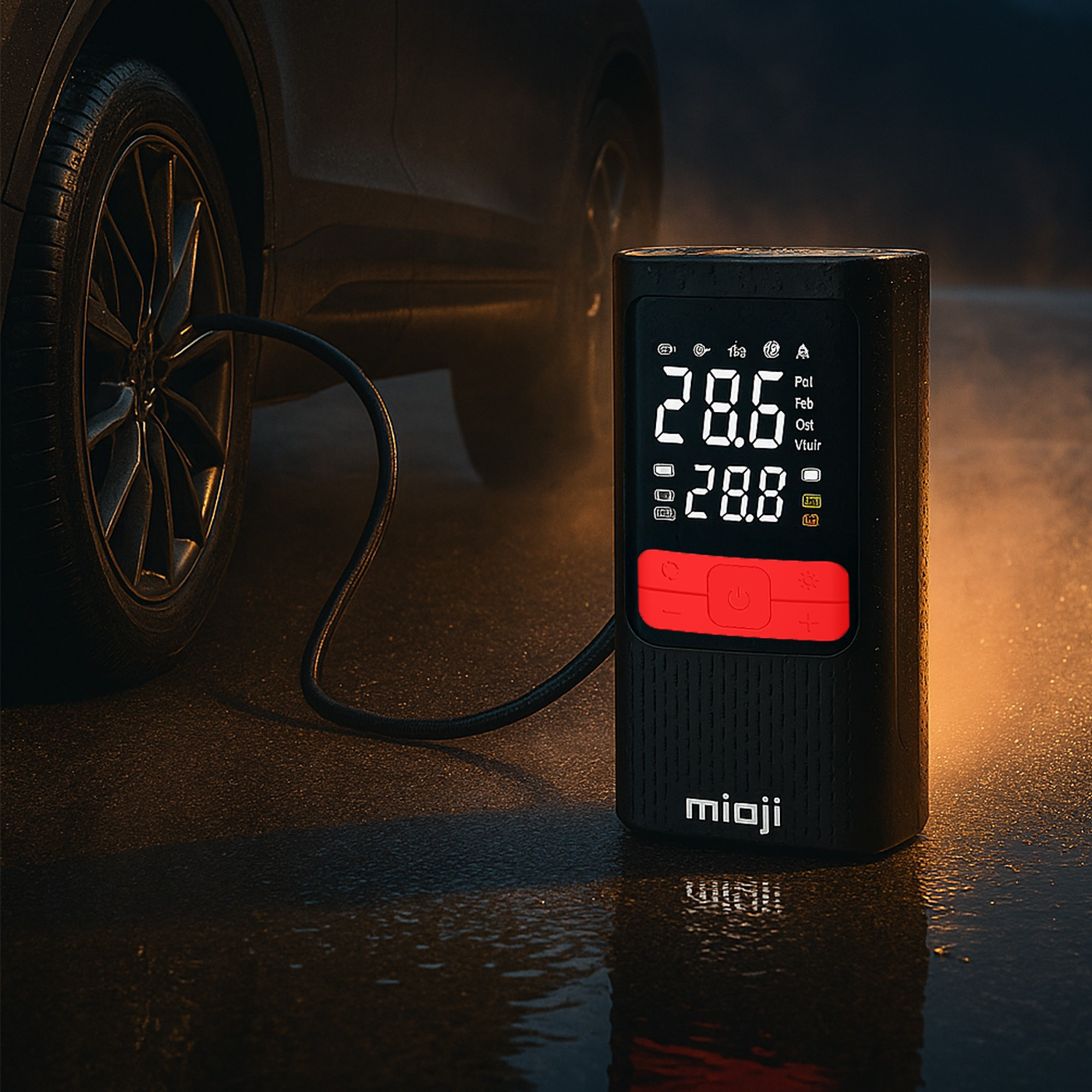 Bir arabanın yanında siyah lastik şişirici, 28.6 PSI gösteriyor.