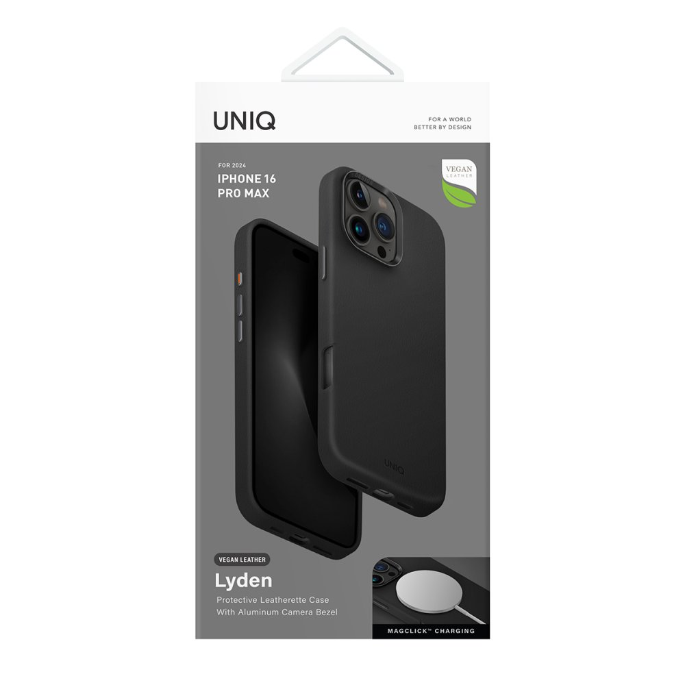 MagClick şarjlı iPhone 16 Pro Max için siyah UNIQ vegan deri kılıf.