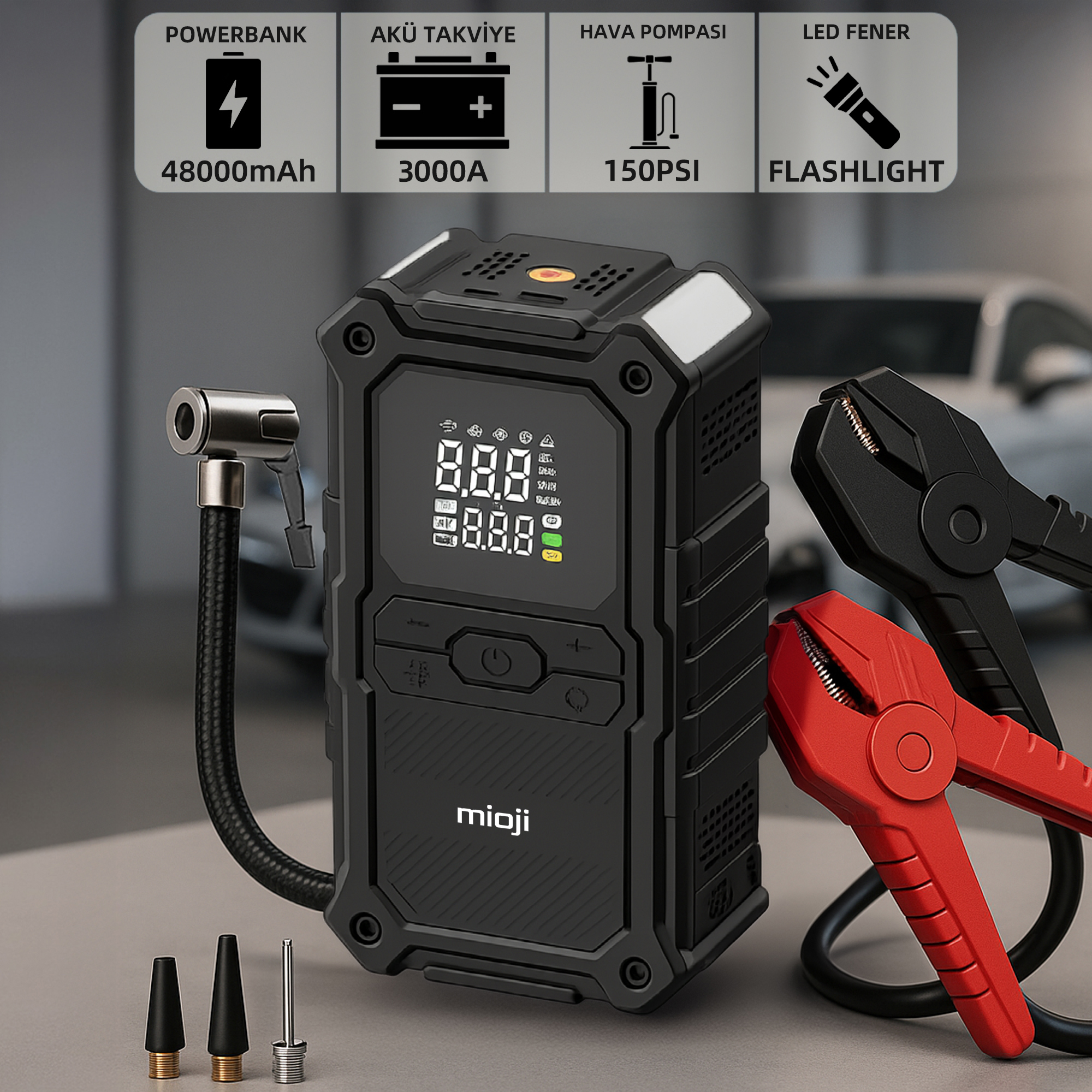 MIOJI Mio D8H Premium 4in1 48000mAh 3000A Hava Pompası + Led Fener + Powerbank Akü