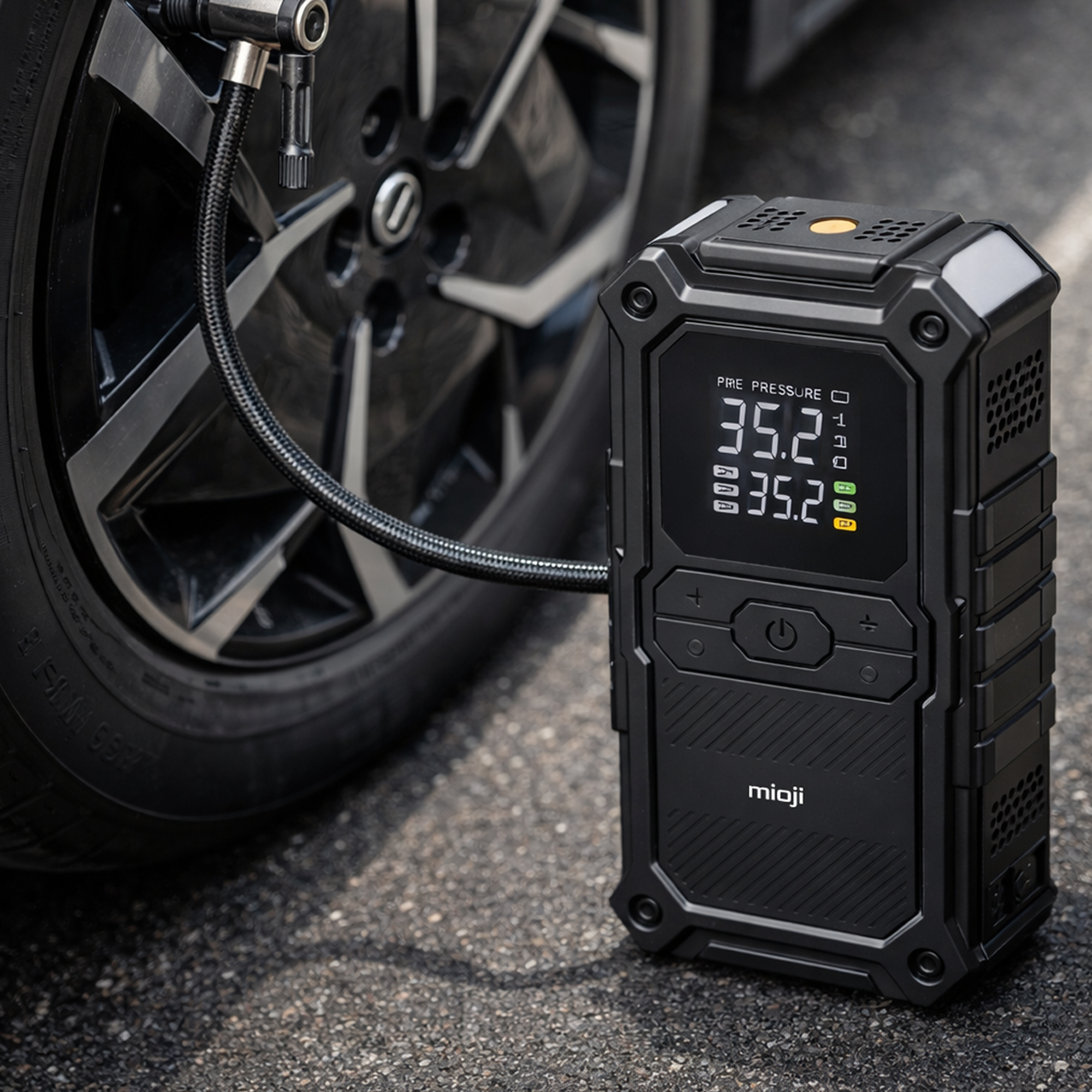 Ekranlı siyah lastik şişirici, araba tekerleği yanında 35.2 PSI gösteriyor.