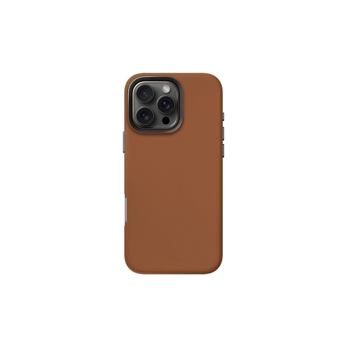 Gümüş çerçeveli kahverengi telefon kılıfı, kamera modülü.