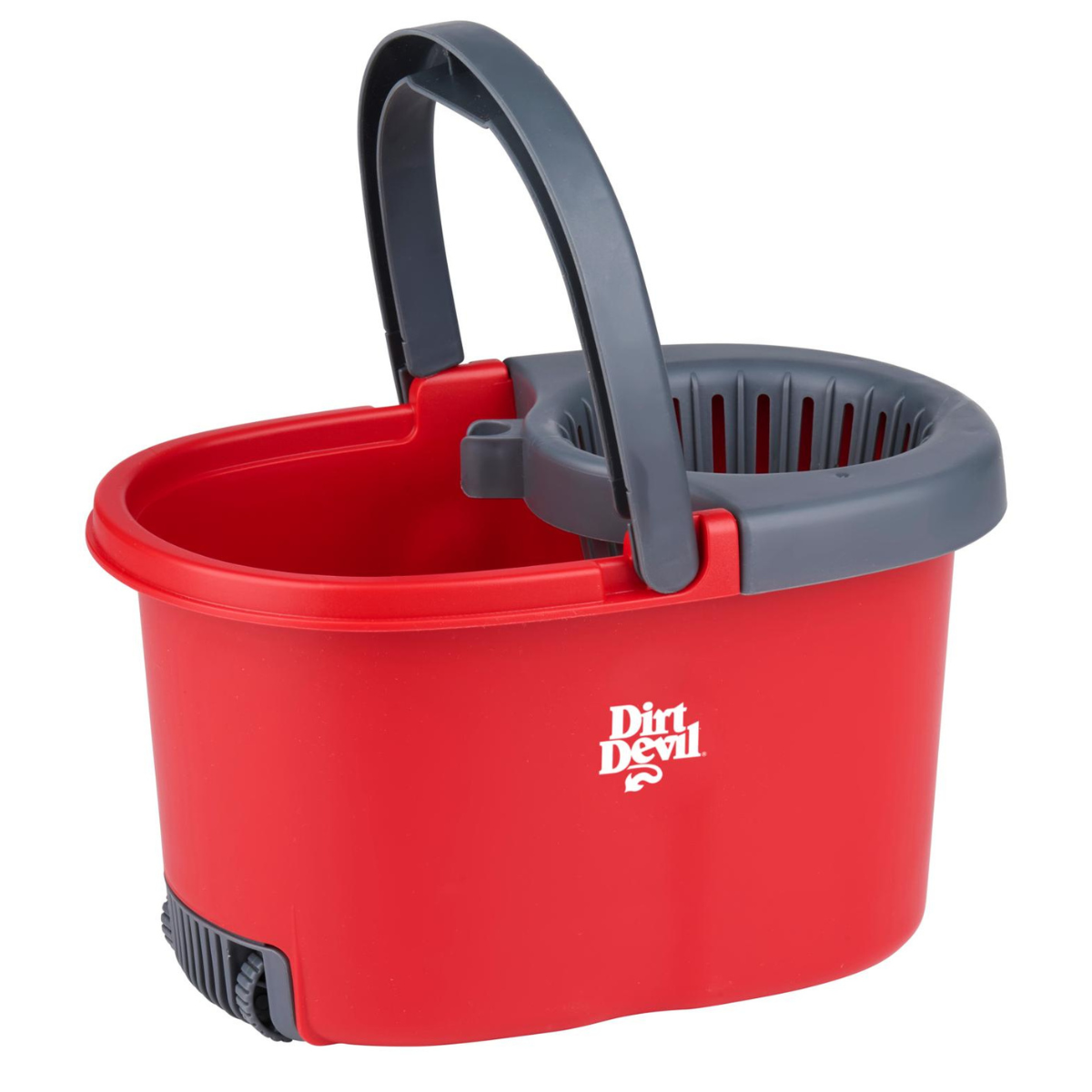 Red mop bucket with gray handle and wringer, Dirt Devil logo.