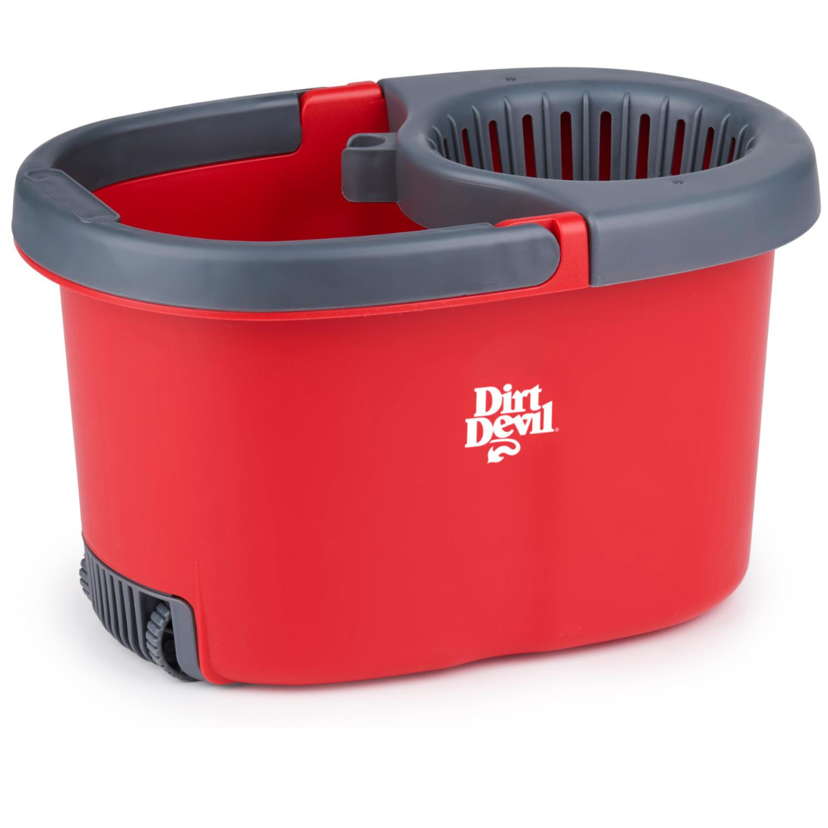 A red mop bucket with two compartments and a gray handle. Brand: Dirt Devil.
