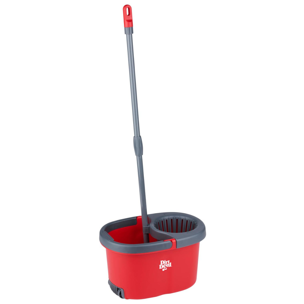 A red bucket with a spinner wringer and a gray handle.