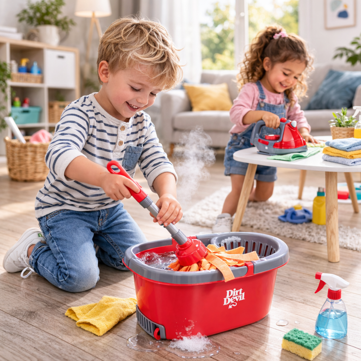 Two children play with toy cleaning tools in a living room.