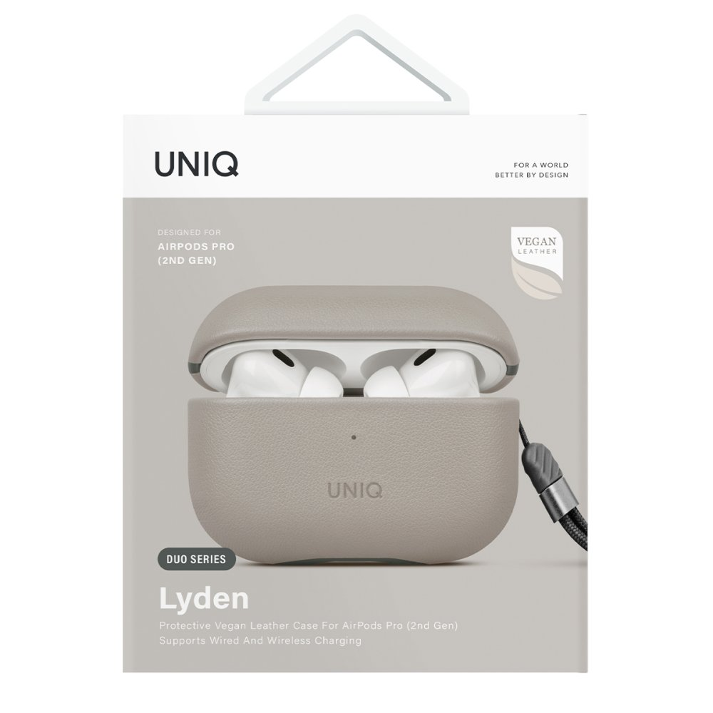 Kulakiçi kulaklıklar içinde gri vegan deri AirPods Pro (2. Nesil) kılıfı.
