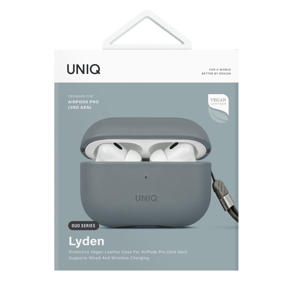 AirPods Pro (2. nes) için UNIQ gri vegan deri kılıf, kayışlı.
