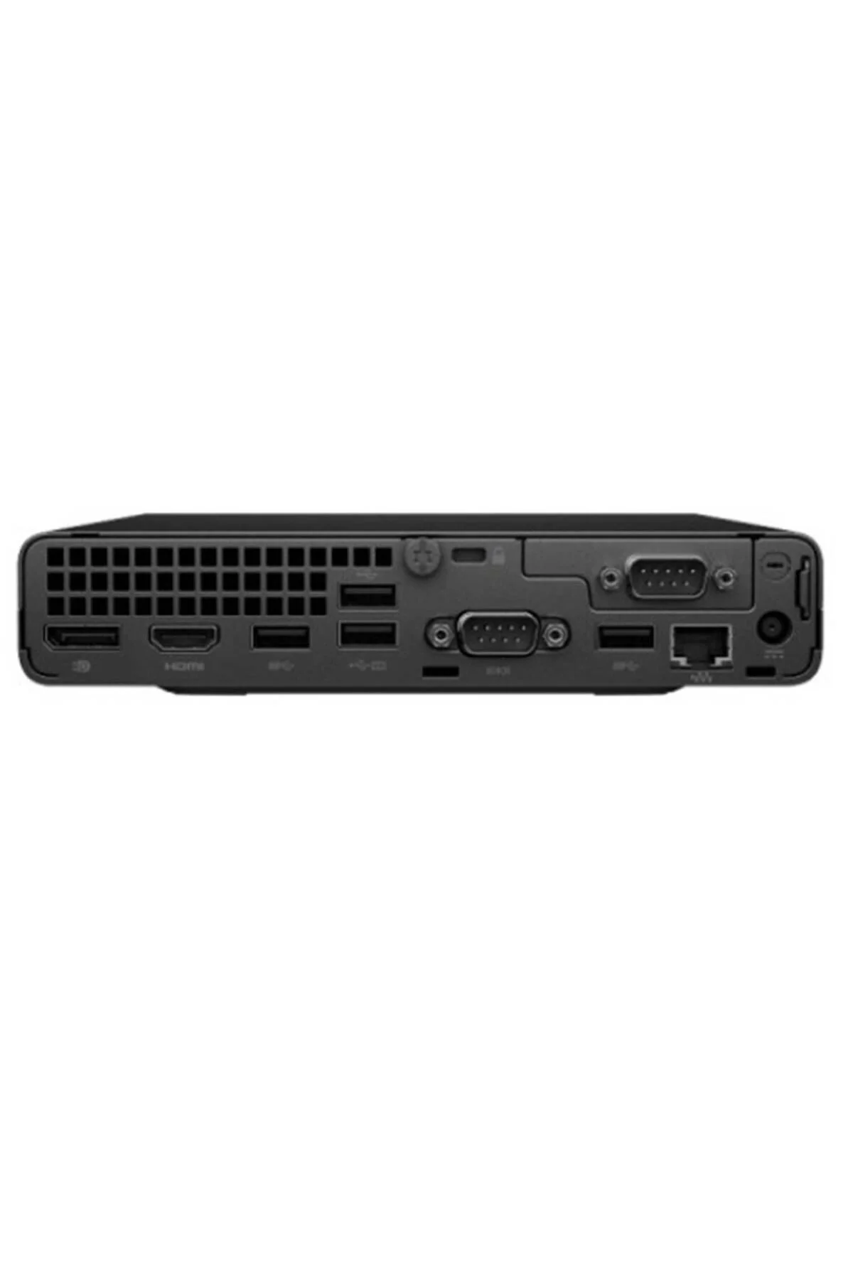Siyah mini PC'nin arka görünümü, bağlantı noktaları: HDMI, USB, VGA, Ethernet, güç.
