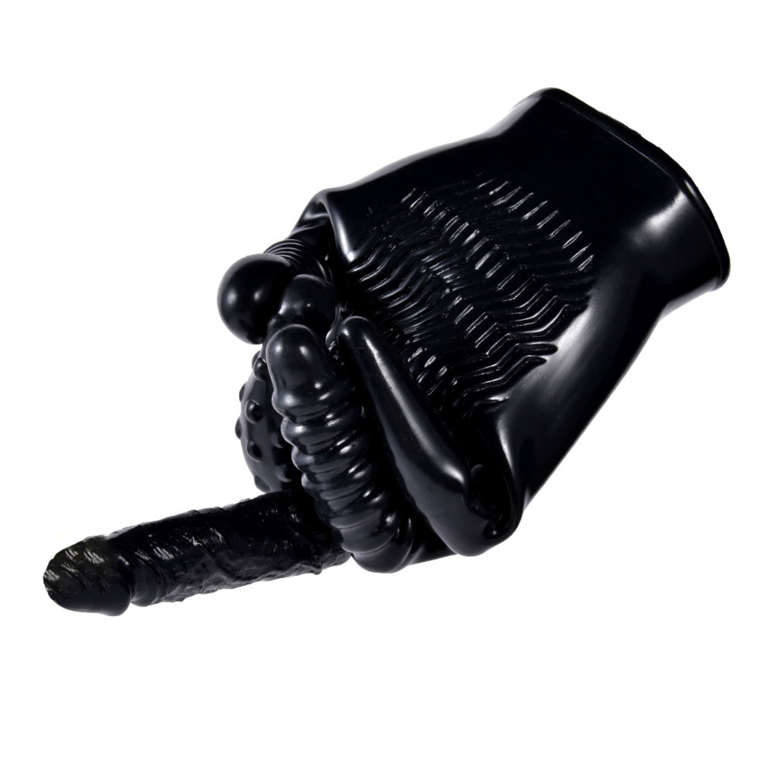 Una funda negra texturizada con un dildo negro sobresaliente, diseñado para la masturbación masculina, sobre un fondo blanco.