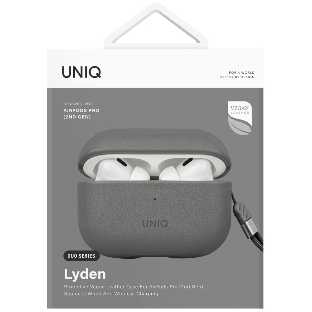 Beyaz AirPods'lu gri UNIQ Lyden vegan deri AirPods Pro (2. Nesil) kılıfı, ambalajında gösteriliyor.