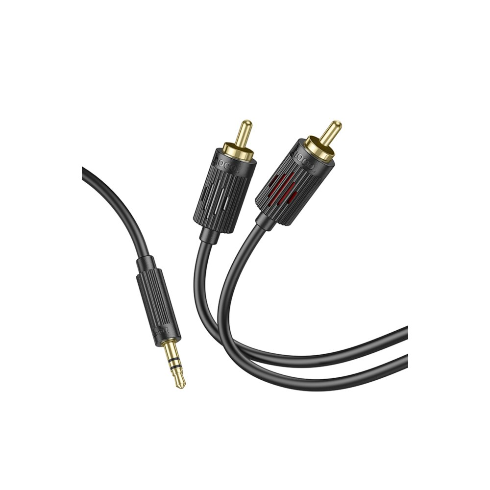 3,5 mm fişli ve iki RCA konektörlü siyah ses kablosu.