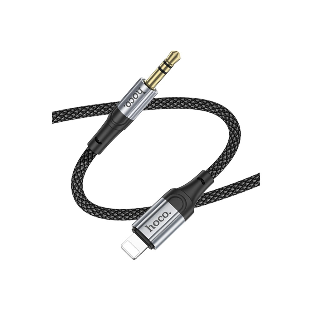 Un cavo nero con jack da 3,5 mm e connettore Lightning.