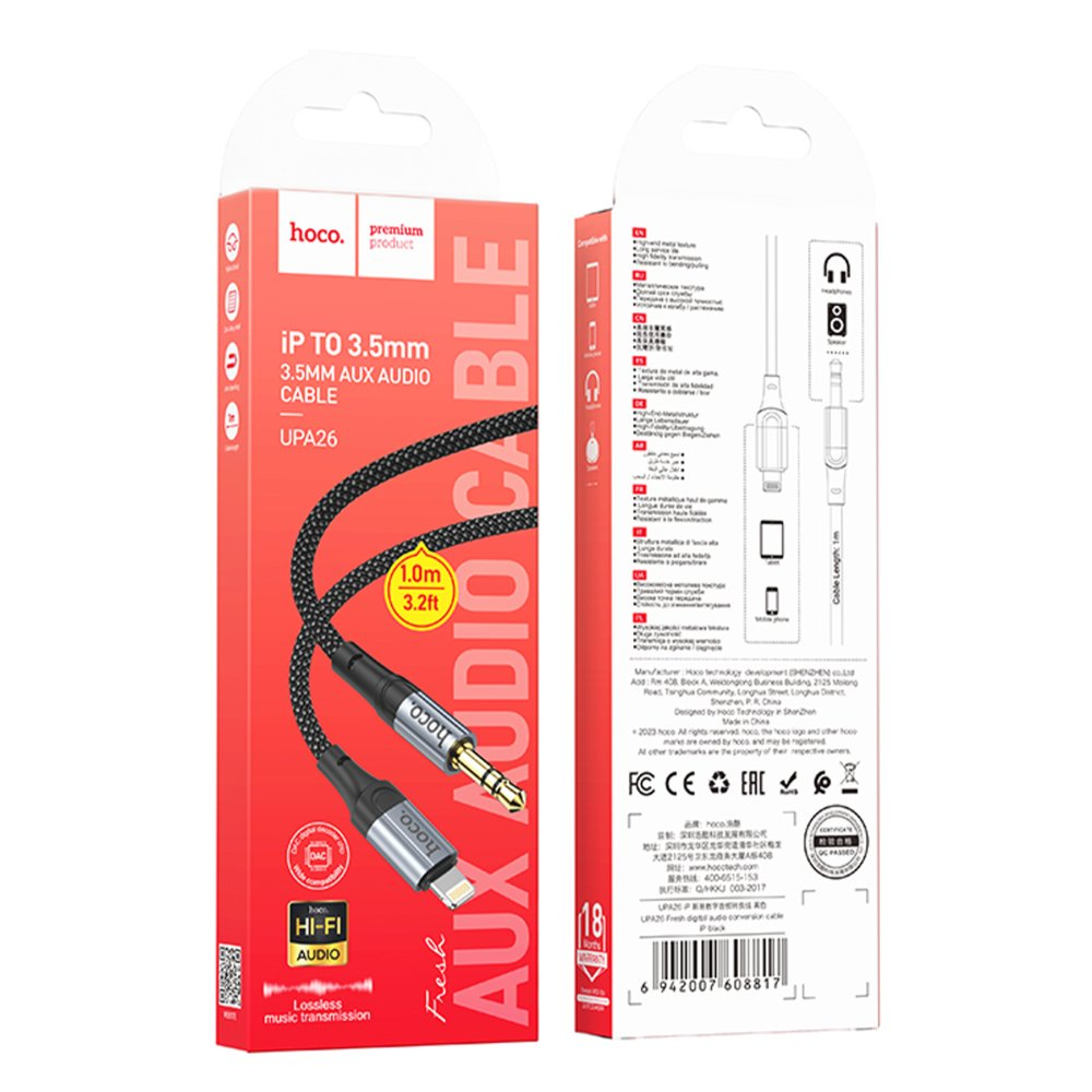 Confezione di un cavo audio Hoco AUX da 3,5 mm, lunghezza 1 m.