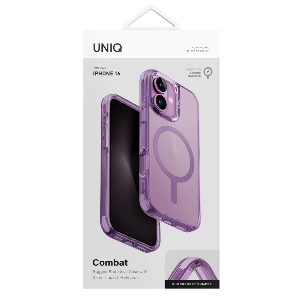 Manyetik halkalı şeffaf mor bir iPhone 16 kılıfı, 'Combat Sağlam Koruyucu Kılıf' olarak etiketlenmiş.