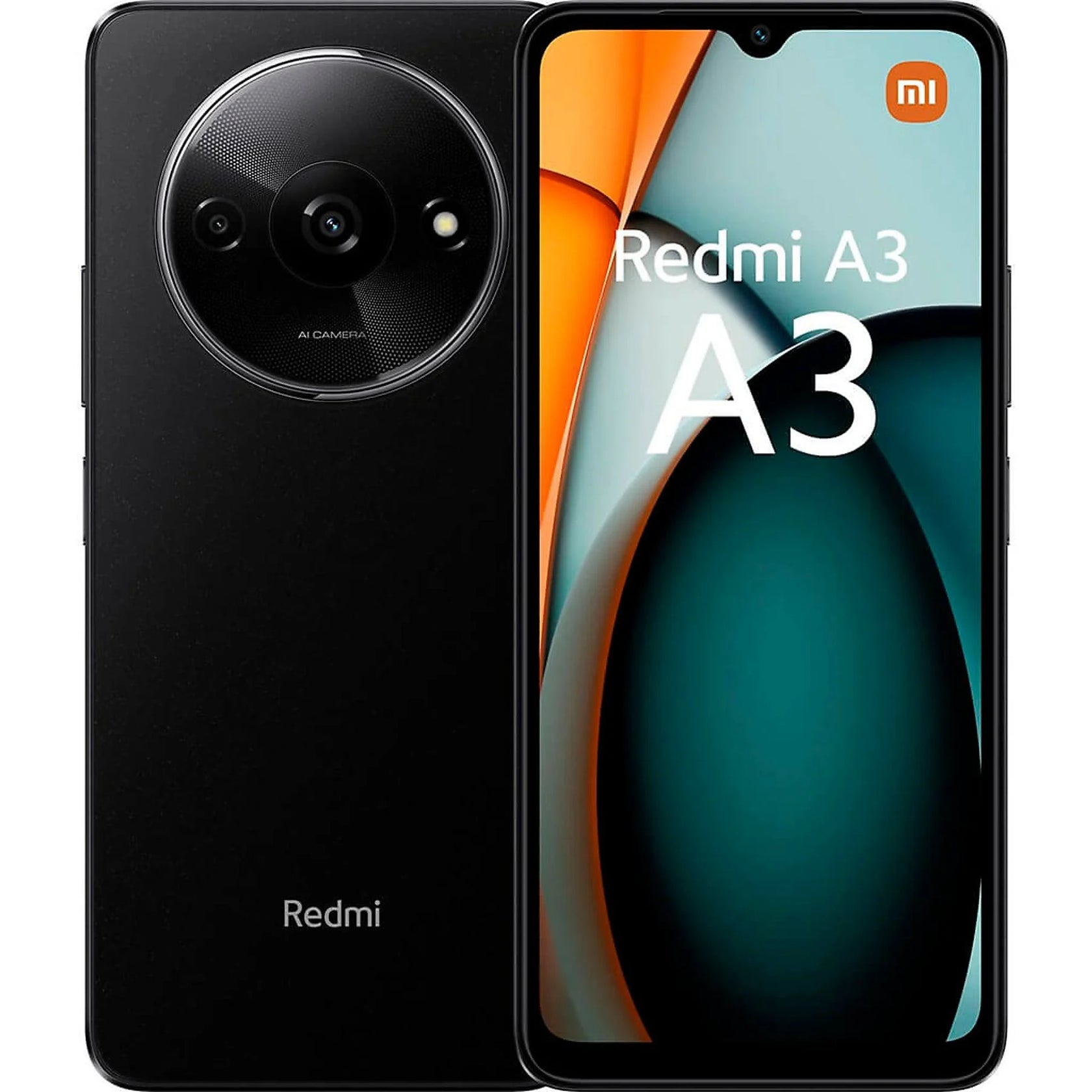 Czarny smartfon z dużym okrągłym modułem aparatu i oznaczeniem Redmi A3.