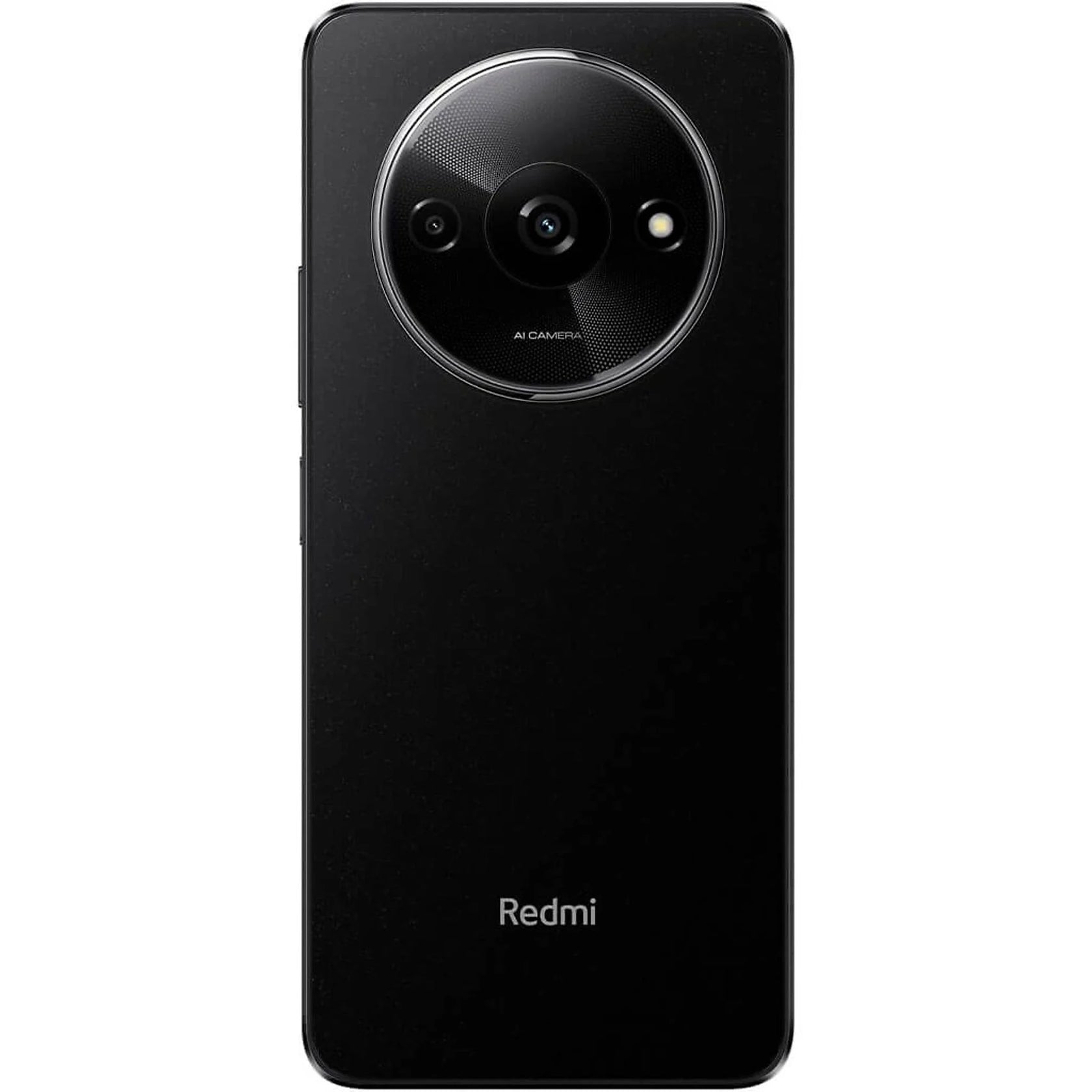 Czarny smartfon z okrągłym modułem aparatu i logo Redmi.
