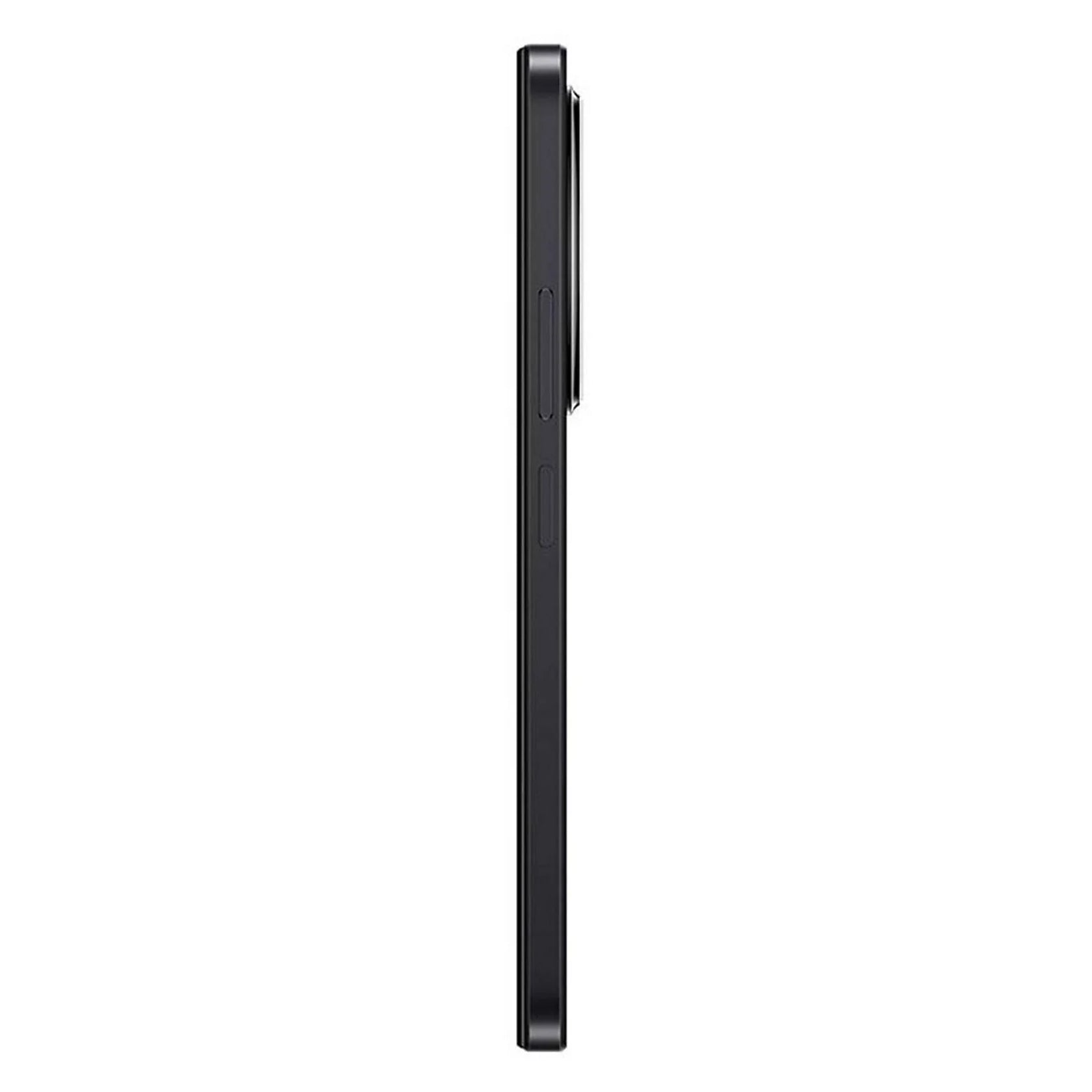 Czarny smartfon w profilu na białym tle z widocznymi przyciskami.