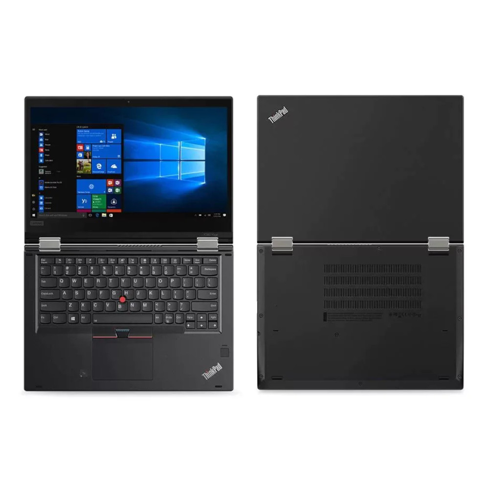 Twee zwarte ThinkPads naast elkaar. Eén is open met toetsenbord en scherm.