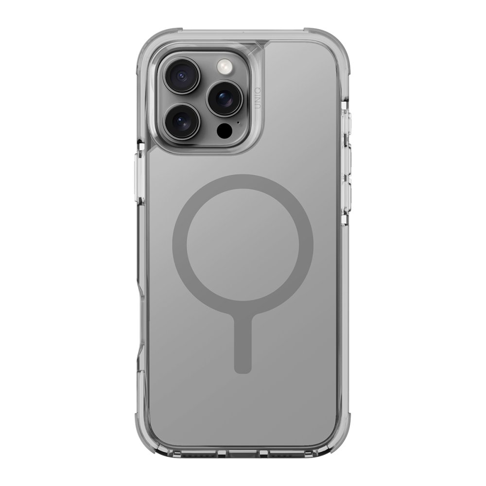 Üç kamera lensli ve manyetik halkalı şeffaf iPhone kılıfı.