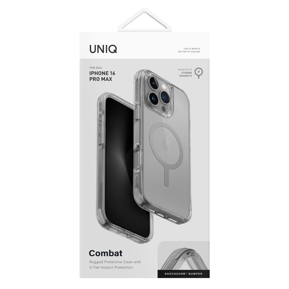 UNIQ iPhone 16 Pro Max için MagSafe'li şeffaf, sağlam koruyucu kılıf.