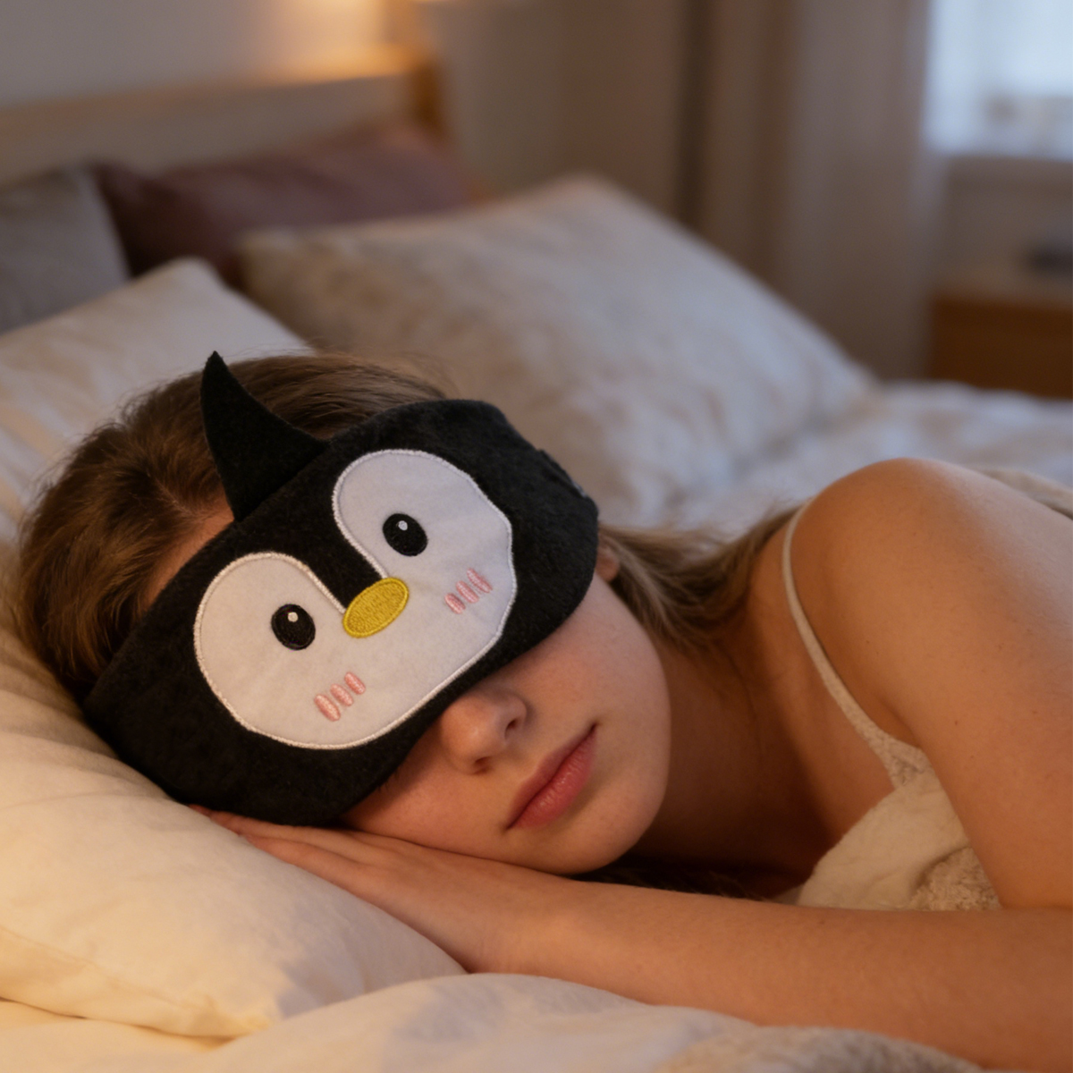 Dziewczynka w masce na oczy z pingwinem śpi w łóżku.