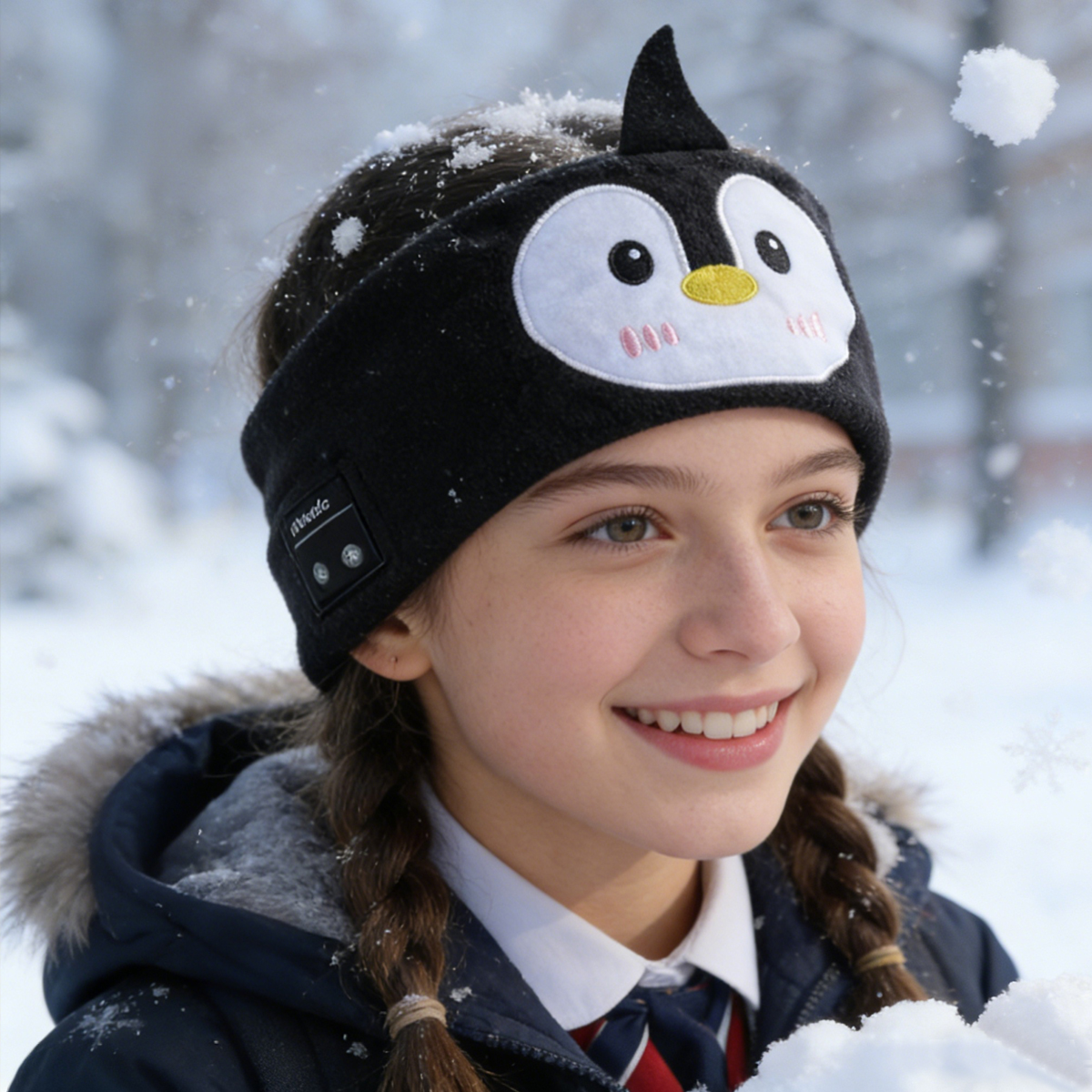 Dziewczynka w opasce z pingwinem na śniegu, uśmiechnięta, trzymająca kulę śnieżną.