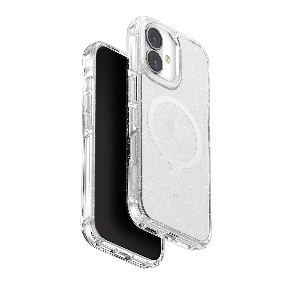 Şeffaf simli telefon kılıfı bir iPhone'un etrafına yerleştirilmiş.