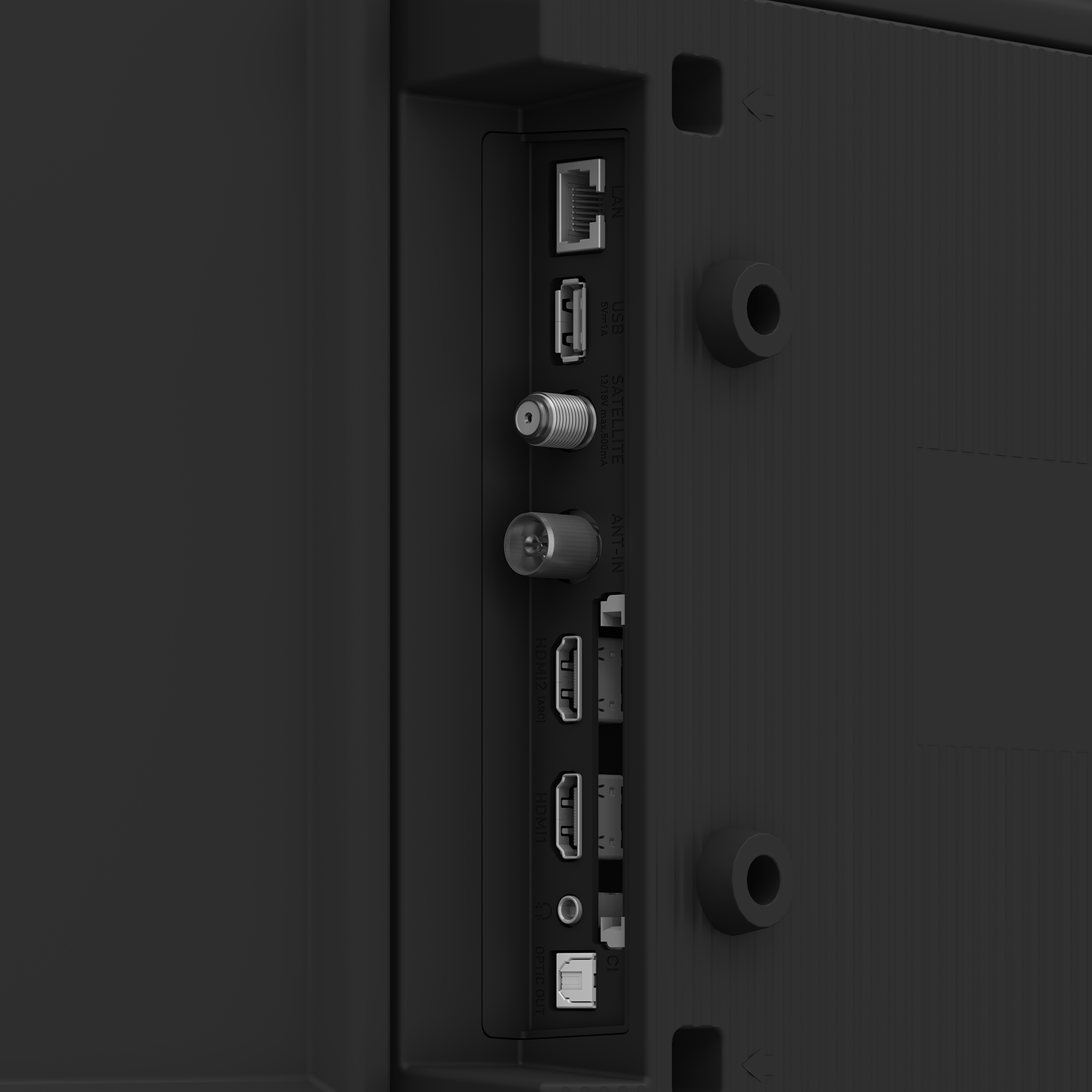 Tył telewizora z portami: LAN, USB, Satelita, Antena, HDMI, Wyjście Optyczne.