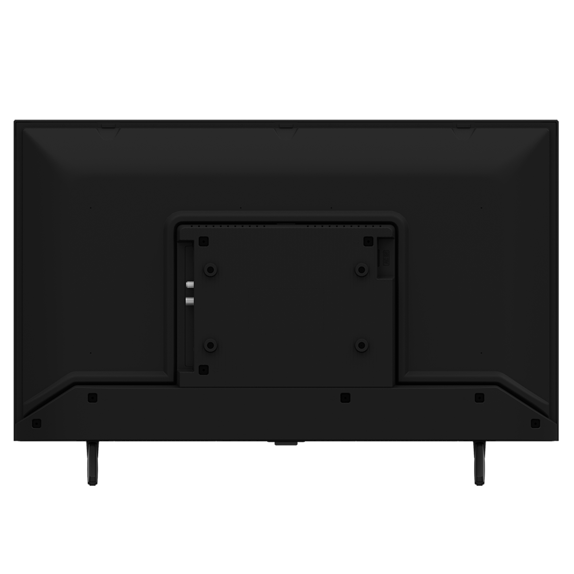 Tył czarnego telewizora z portami i stopkami.