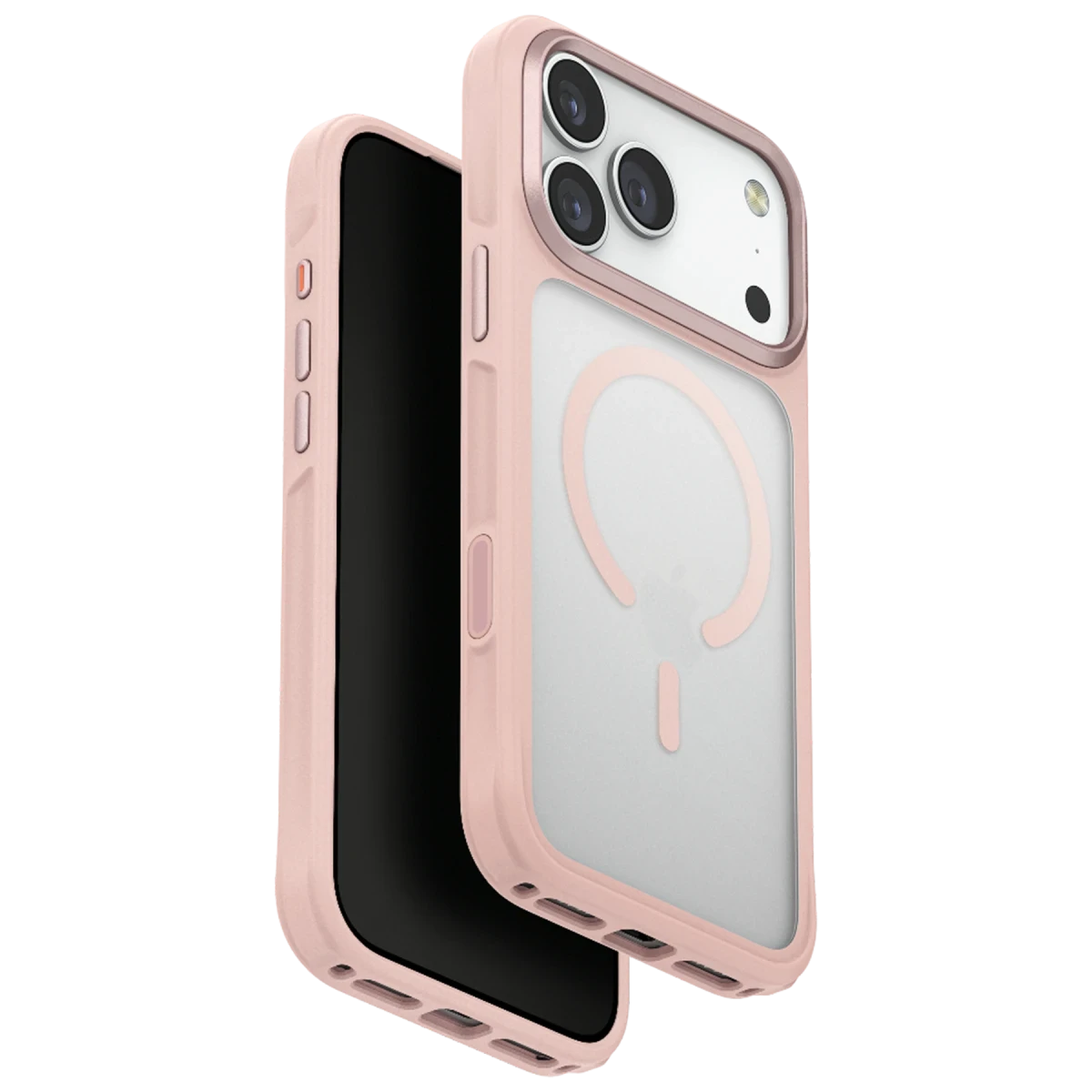 Şeffaf arka ve üç kameraya sahip pembe iPhone kılıfı.