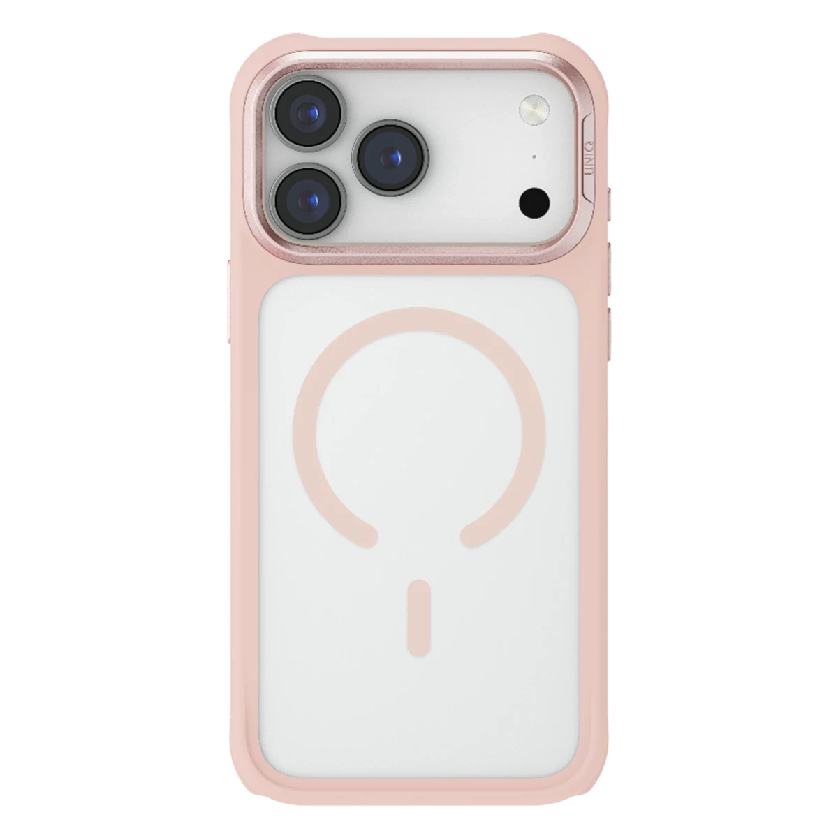 Şeffaf arka yüzü ve beyaz MagSafe halkası olan pembe bir iPhone kılıfı. Sol üstte üç kamera merceği görülüyor.