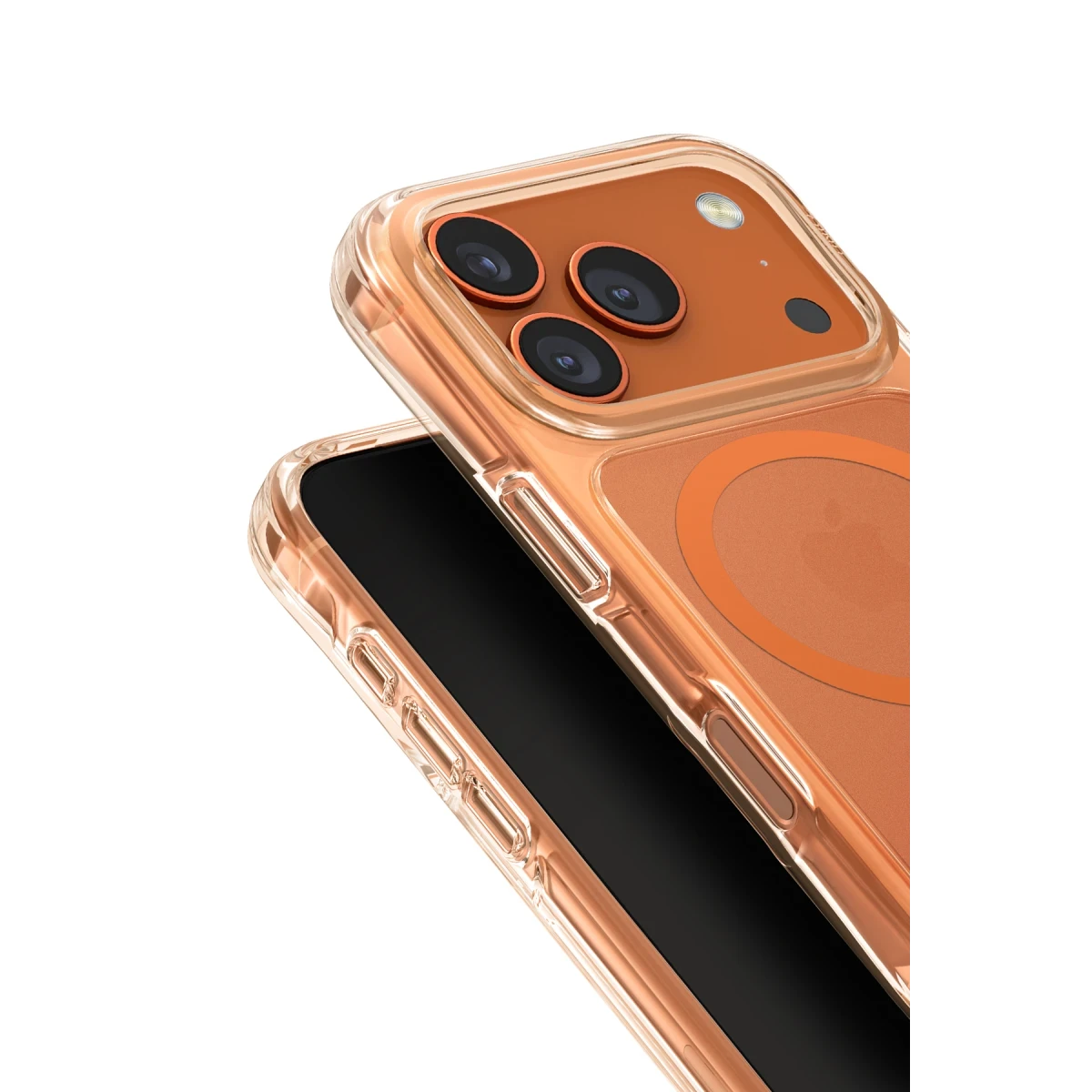 Turuncu halkalı ve lensli şeffaf telefon kılıfı.