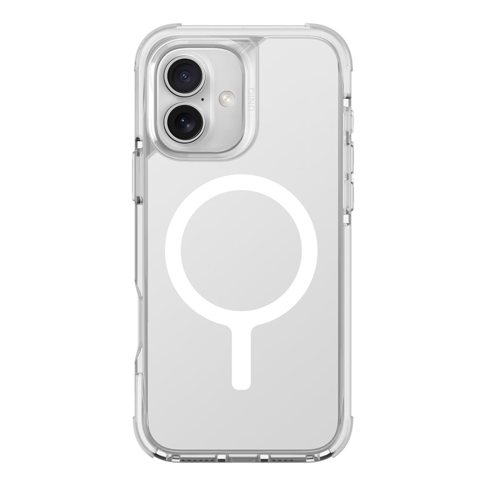 Beyaz dairesel tasarıma ve aşağı doğru uzanan küçük dikey bir çizgiye sahip şeffaf bir iPhone kılıfı, beyaz bir arka plan üzerinde.