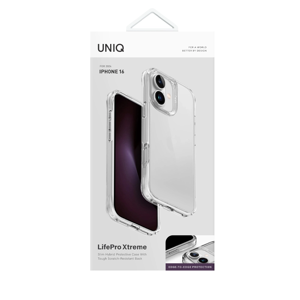 iPhone 16 için kenardan kenara korumalı şeffaf kılıf.
